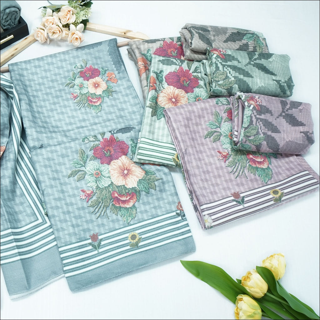 Light Blue Purple Lavender Green Spun Unstitched Winter Suit Set