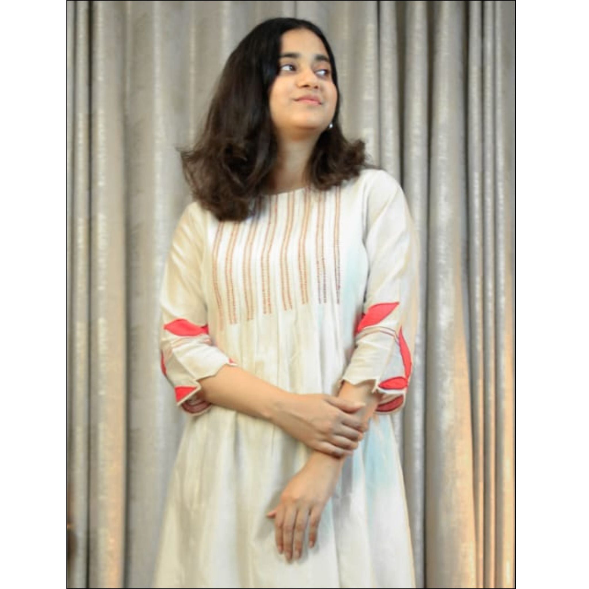 Pink Orange Chanderi Cotton Ombre Dress with Applique & Pleated Detailing