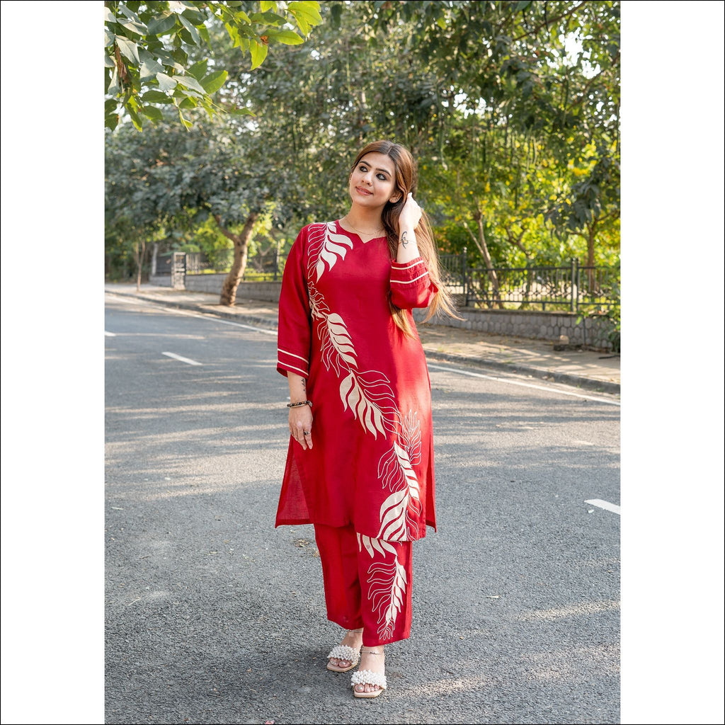 Red Black Dupian Silk Kurti Pant Set with Applique Work