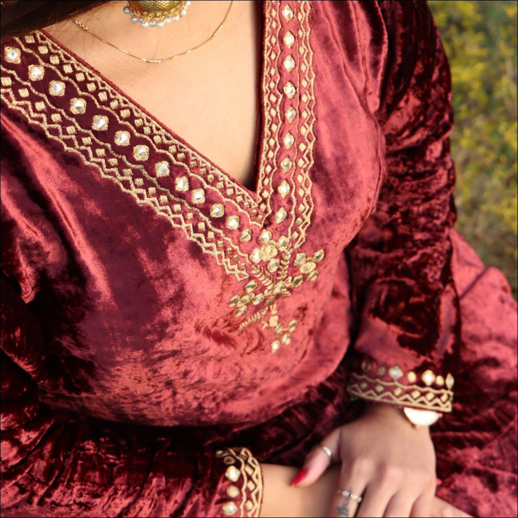 Maroon Velvet Kurti Pant with Embroidered with Mirror Work