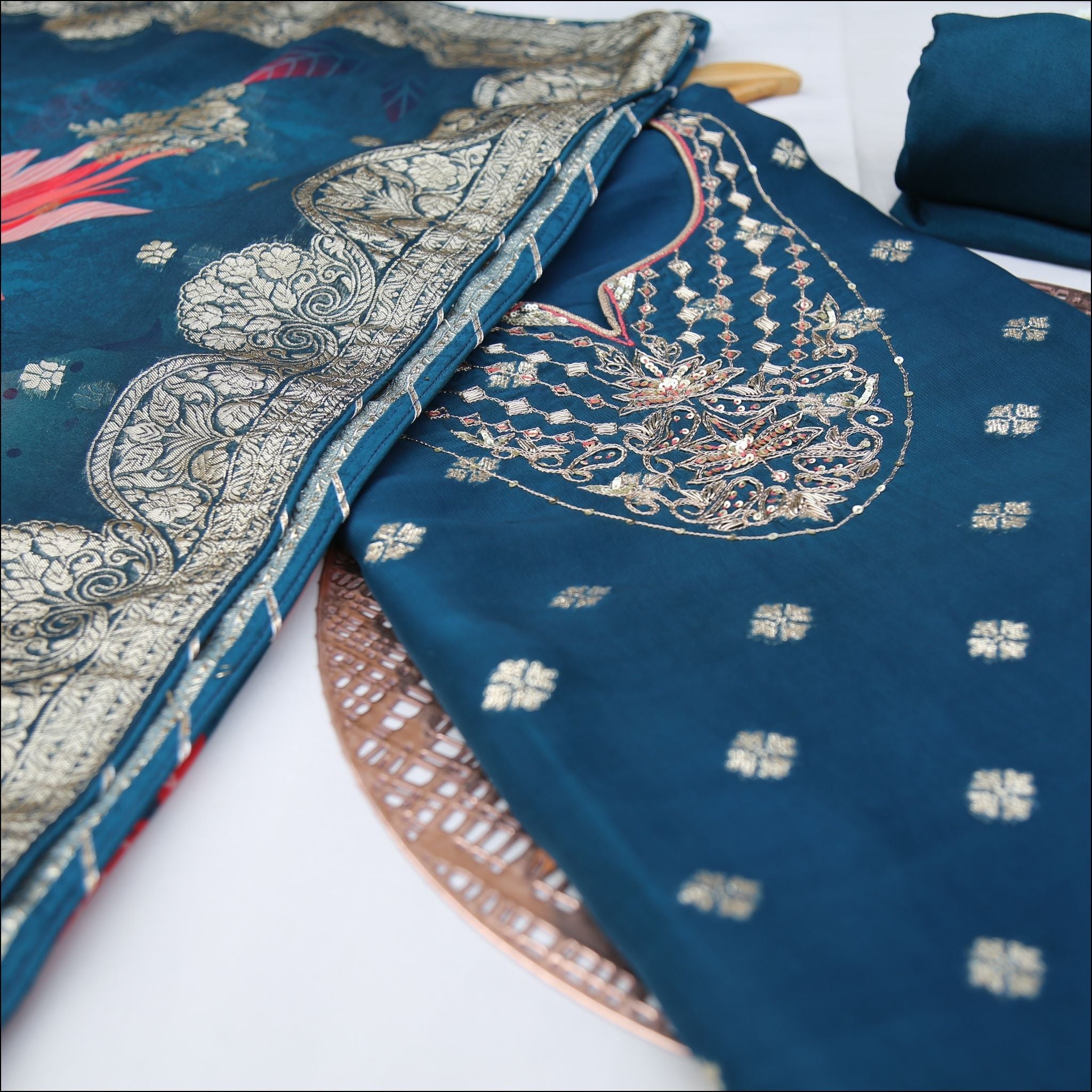 Zari Work Boota Kurti Unstitched Suit Set with Printed Dupatta