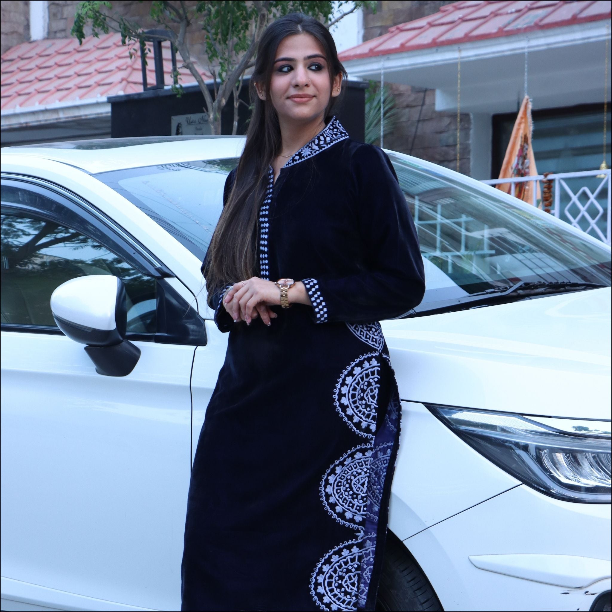 Dark Blue Velvet Kurti Pant Set with Embroidered Collar & Sleeves