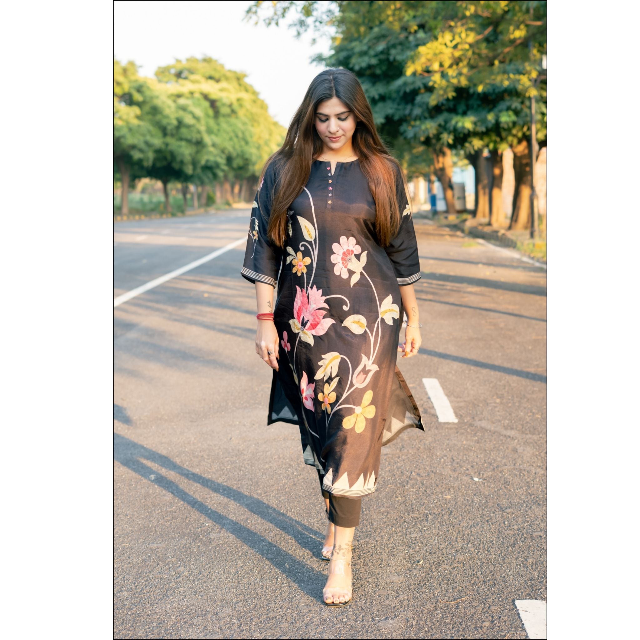 Black Russian Muslin Kurti with Floral Print & Sequin Embroidery