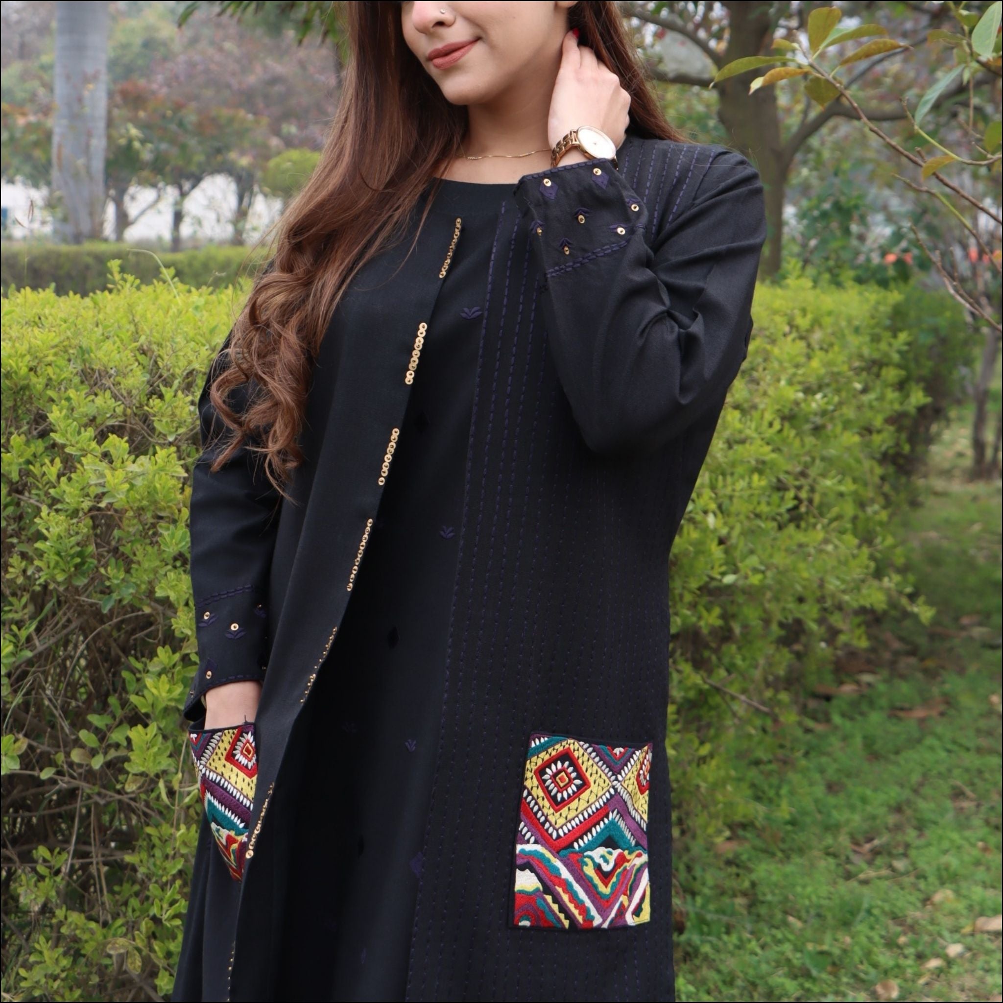 Black Spun Long A-Line Kurti with Embroidered Jacket