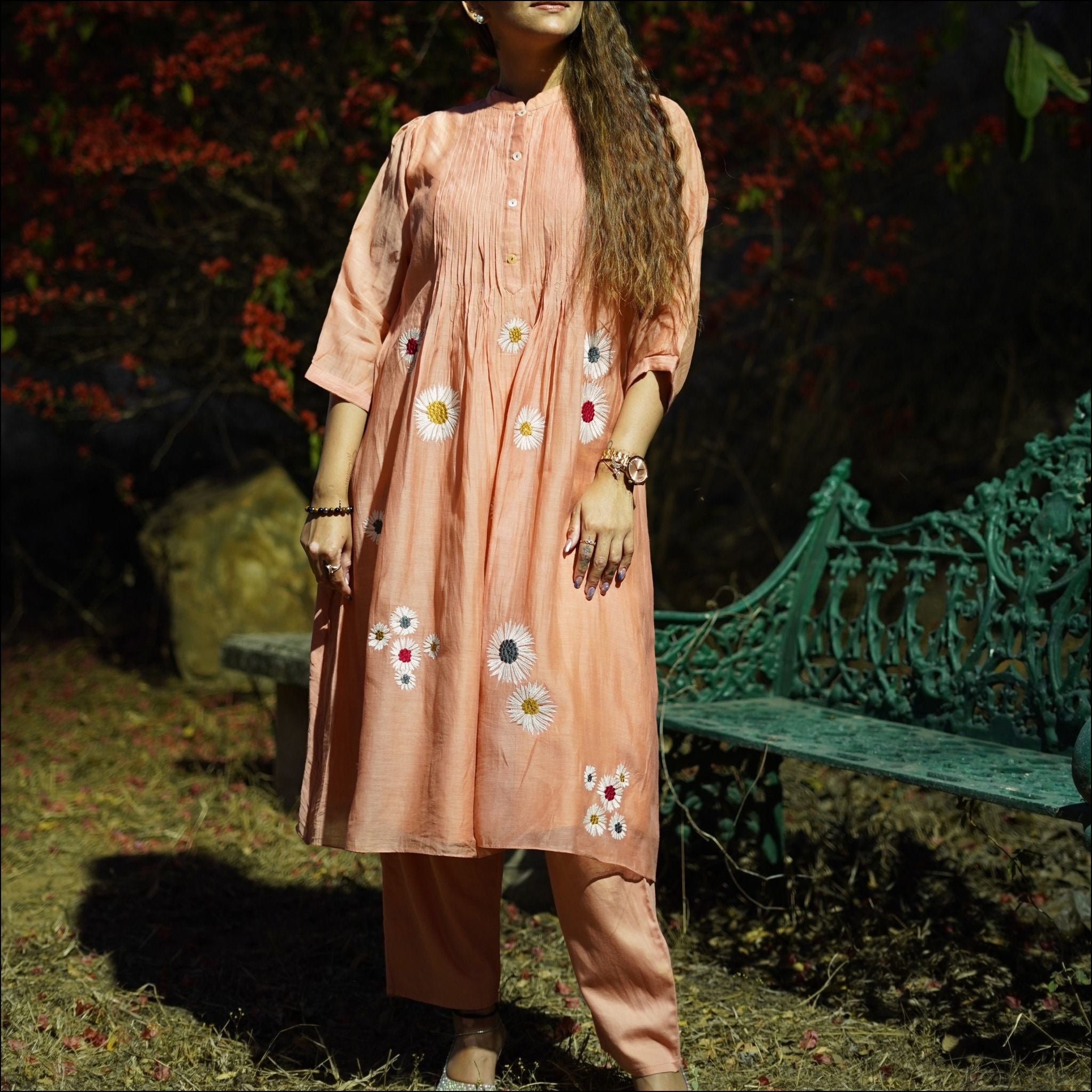 Peach Mul Cotton Pleated Kurti with Puff Sleeves & Cotton Pants
