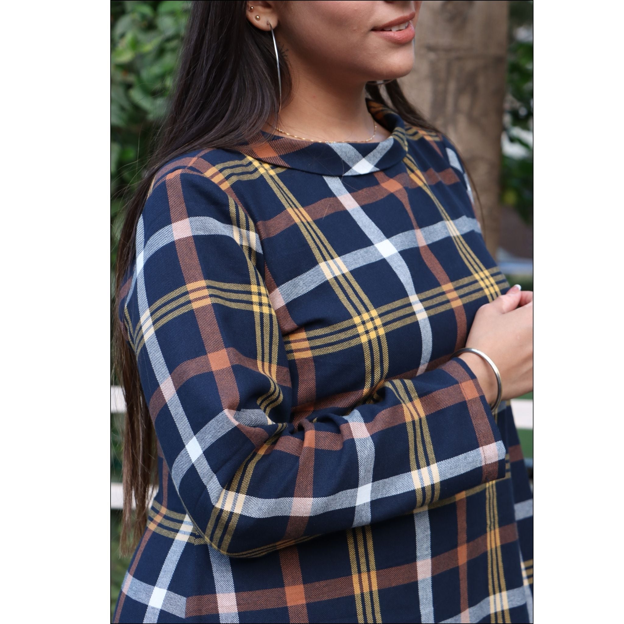 Navy Blue Spun Checks Knee-Length Winter Dress