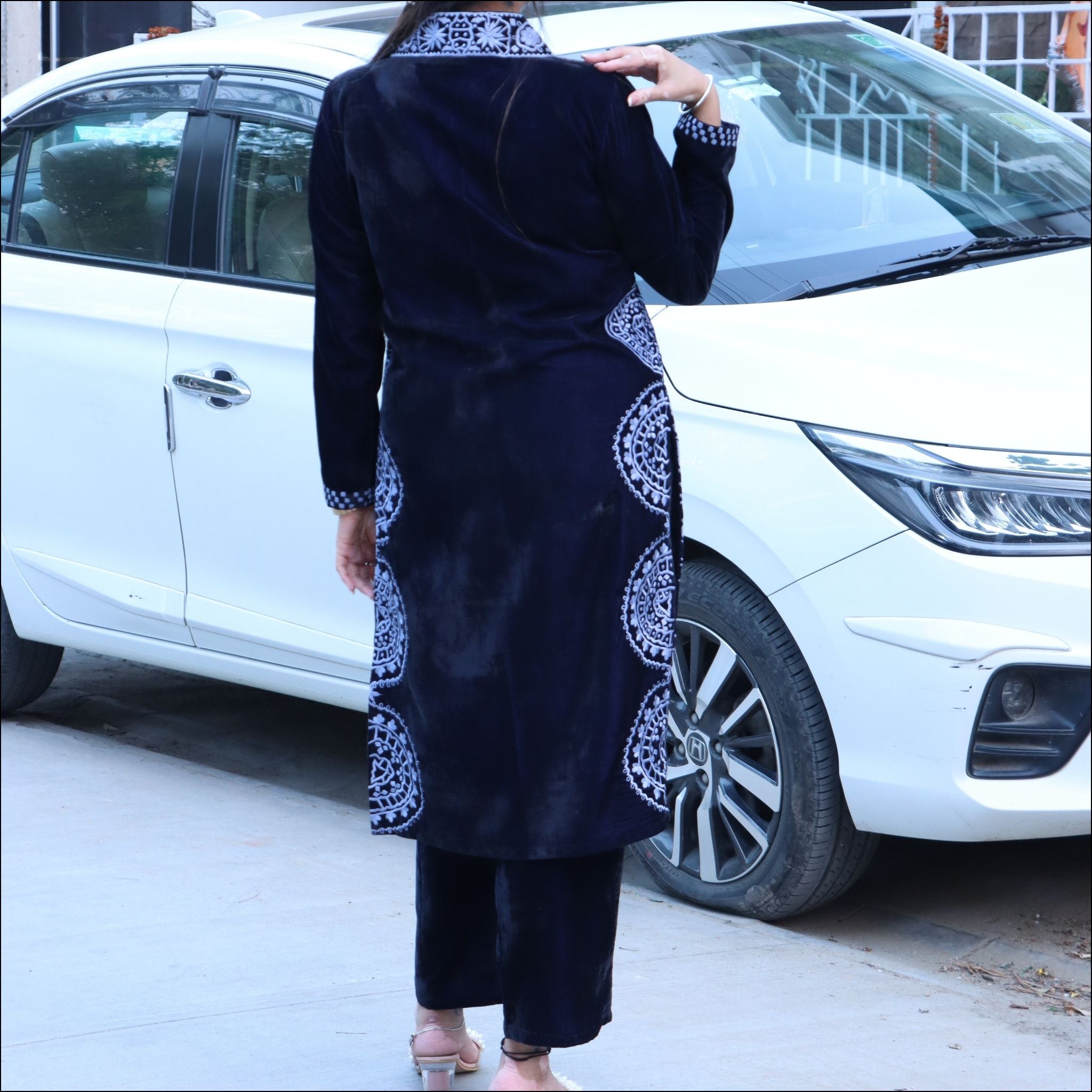 Dark Blue Velvet Kurti Pant Set with Embroidered Chinese Collar