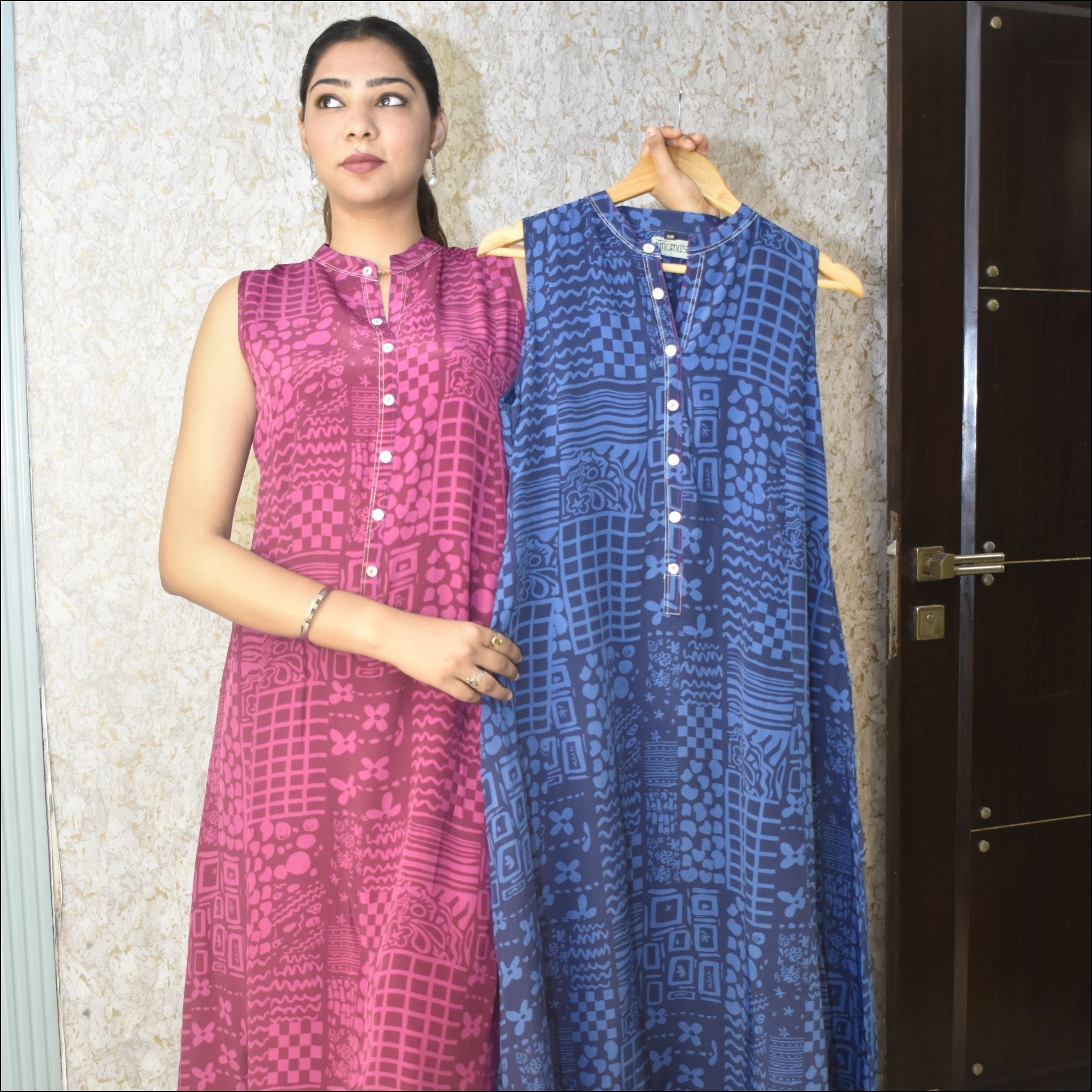 Pink & Blue Muslin A-Line Dress with Lining