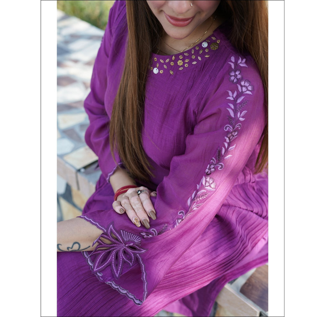 Purple Mul Cotton Kurti Pant Set with Bell Sleeves & Embroidery