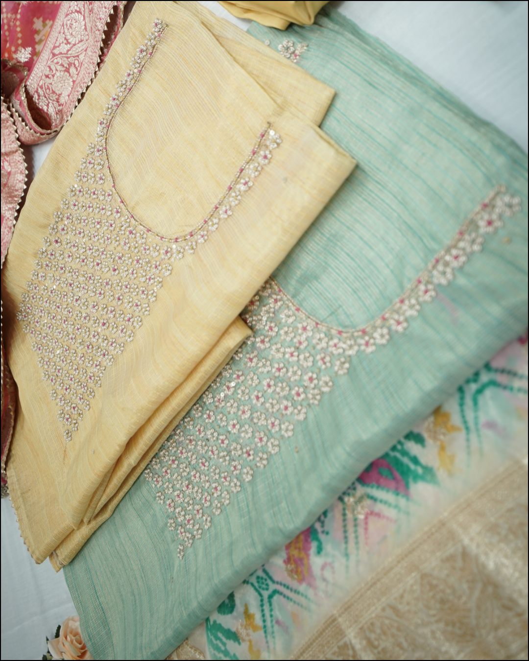 Unstitched Tissue Suit Set with Pearl Work & Patola Dupatta