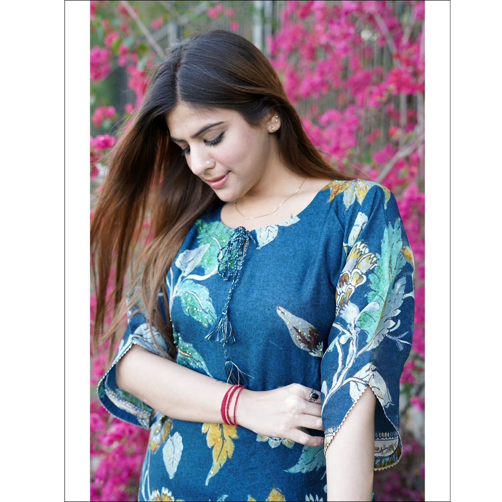 Deep Teal Blue Muslin Kurta with Floral Print & Dori Tassels