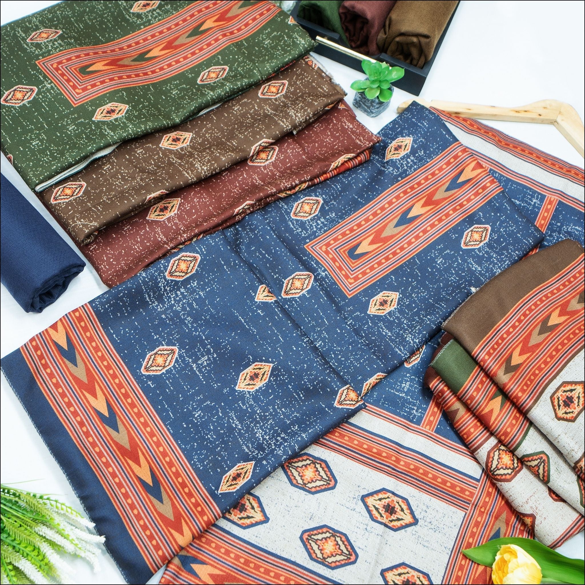 Blue Green Brown Spun Unstitched Winter Suit Set