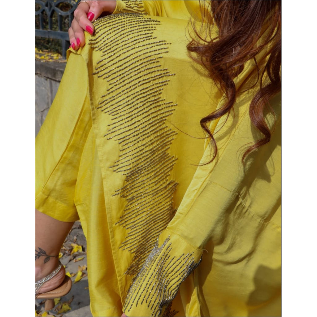 Yellow Silk Indo Western Kaftan Set with Cut-Dana Work