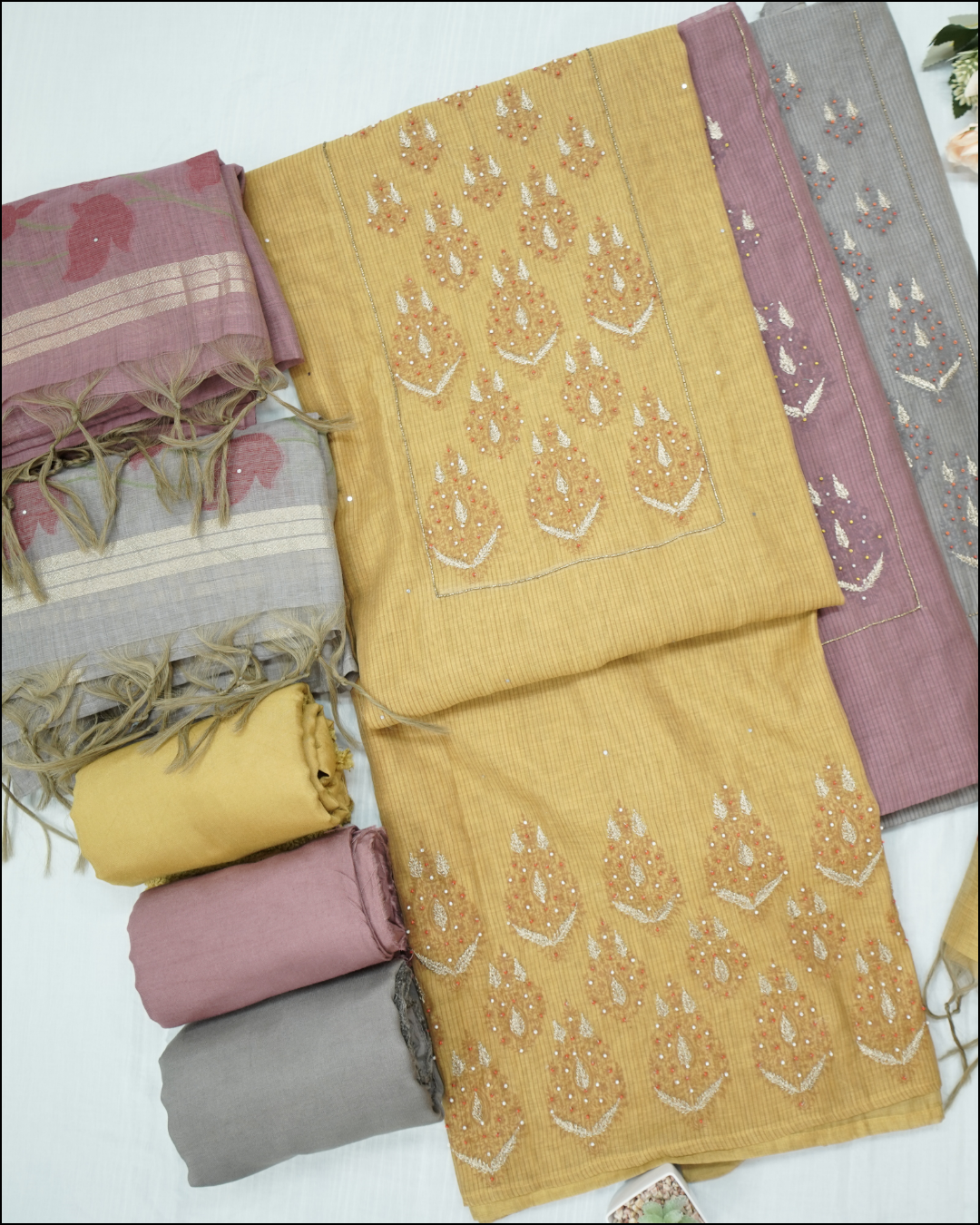 Unstitched Suit Set with Zari & Pearl Work and Chanderi Jamdani Dupatta