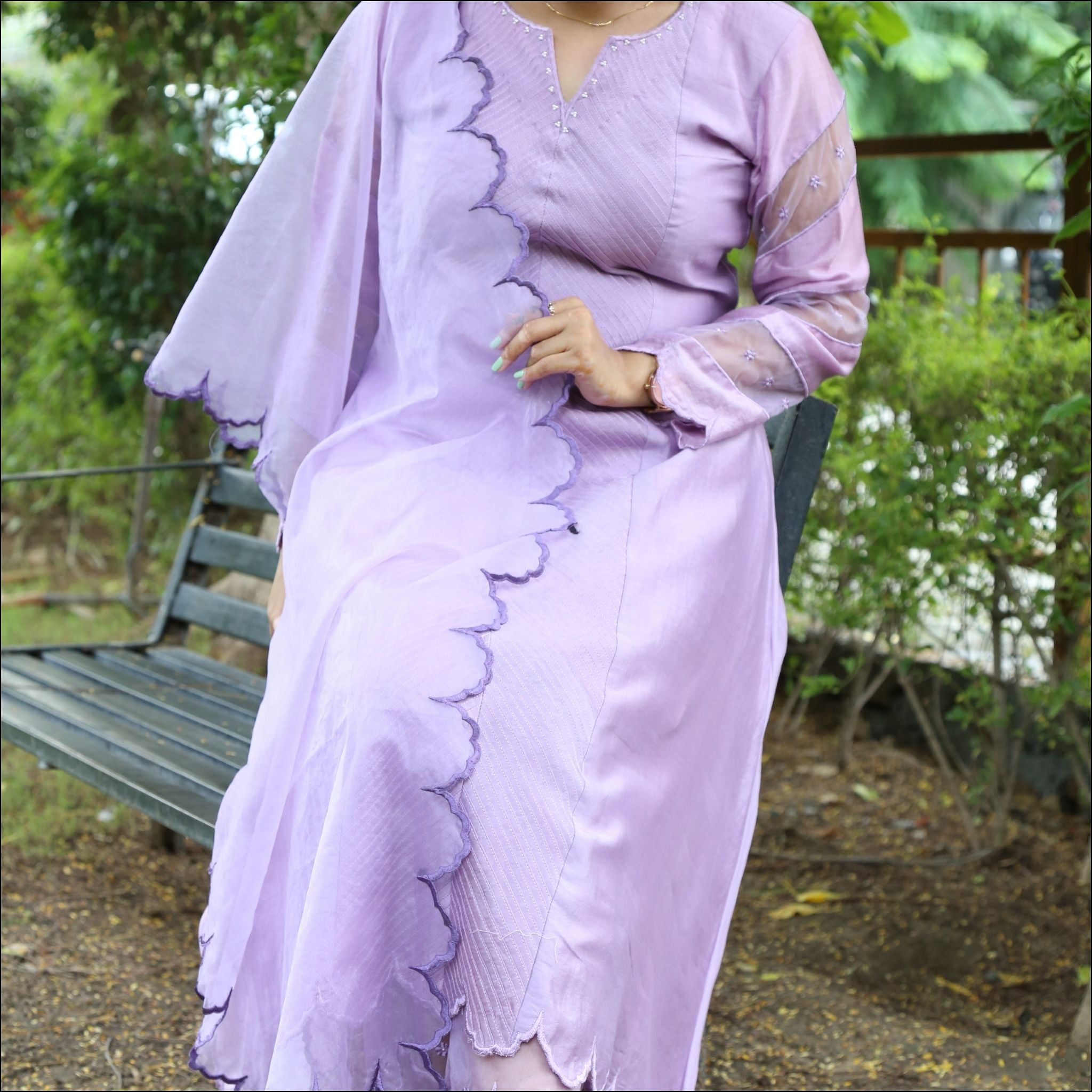 A-Line Kurti Pant Set with Organza Embroidery & Pearls