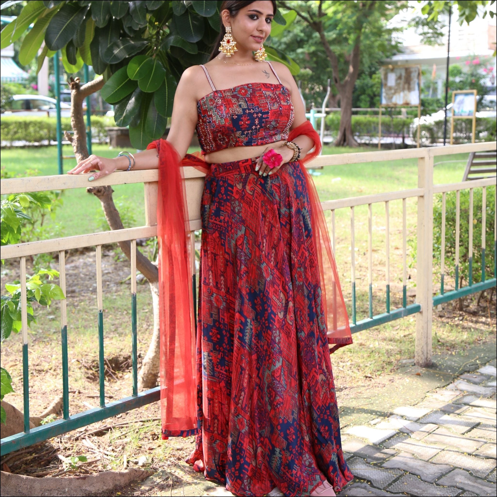 Muslin Flared Plazo Set with Strap Blouse & Handwork Net Dupatta