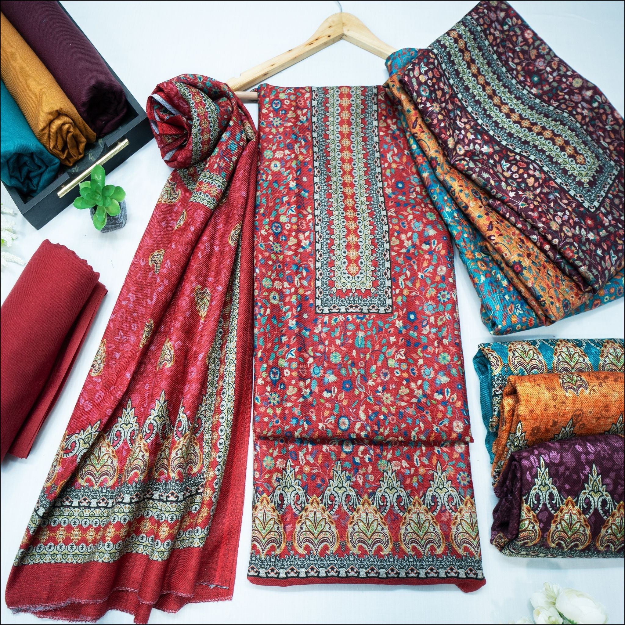 Red Blue Rust Purple Spun Unstitched Winter Suit Set