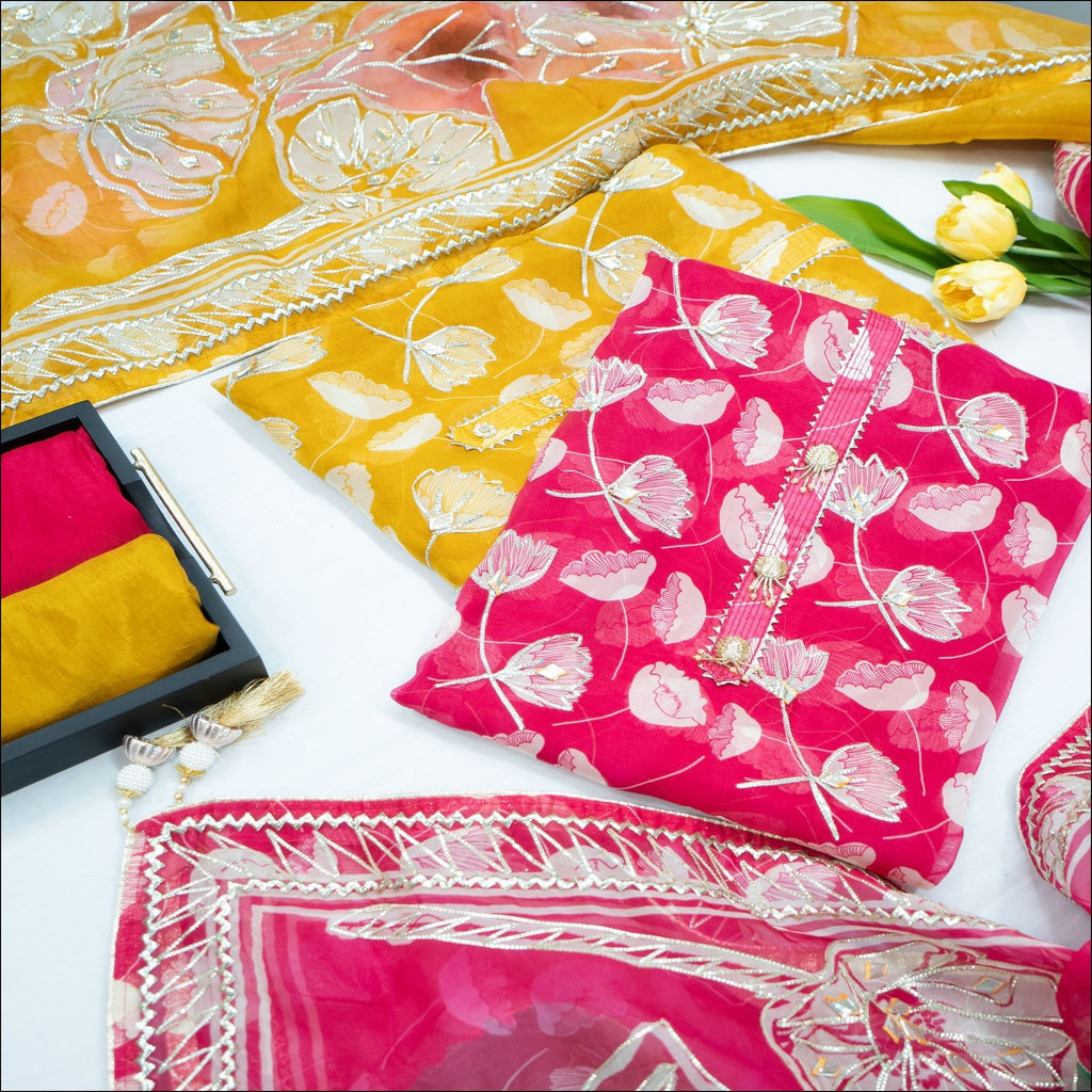 Pink Yellow Organza Unstitched Suit Set with Gotta Patti Work