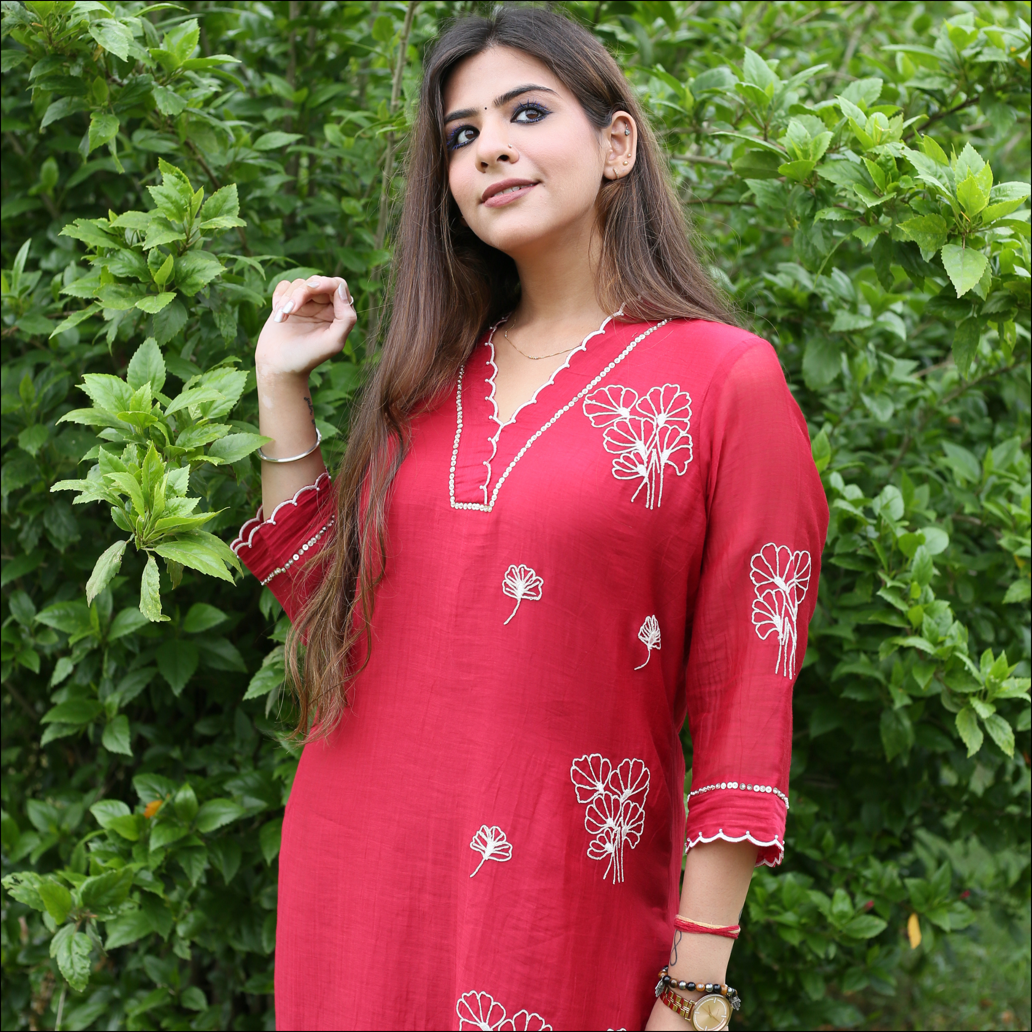 Red Mul Cotton Kurti Set with Dori, Sequin & Pearl Work