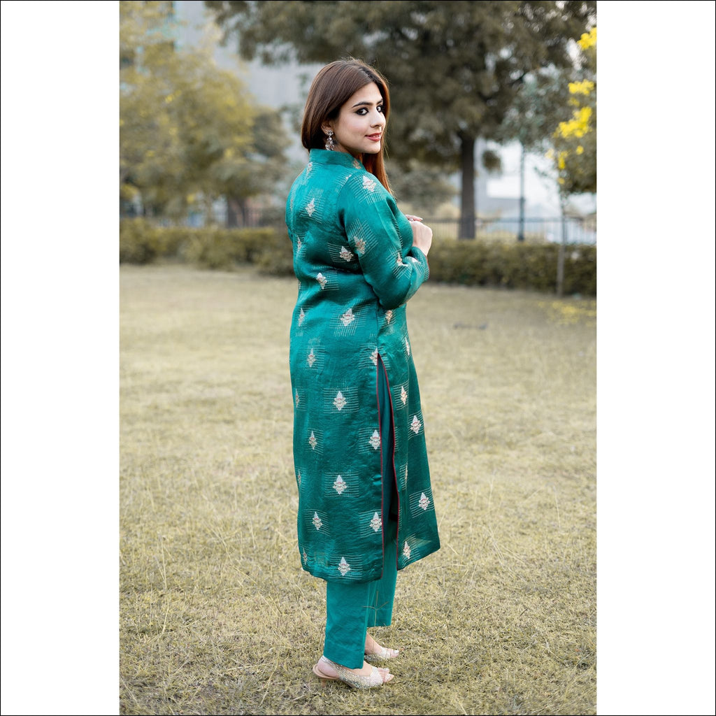 Bottle Green Silk Kurti Set with Hand-Embroidered Buttons & Zari Weaving