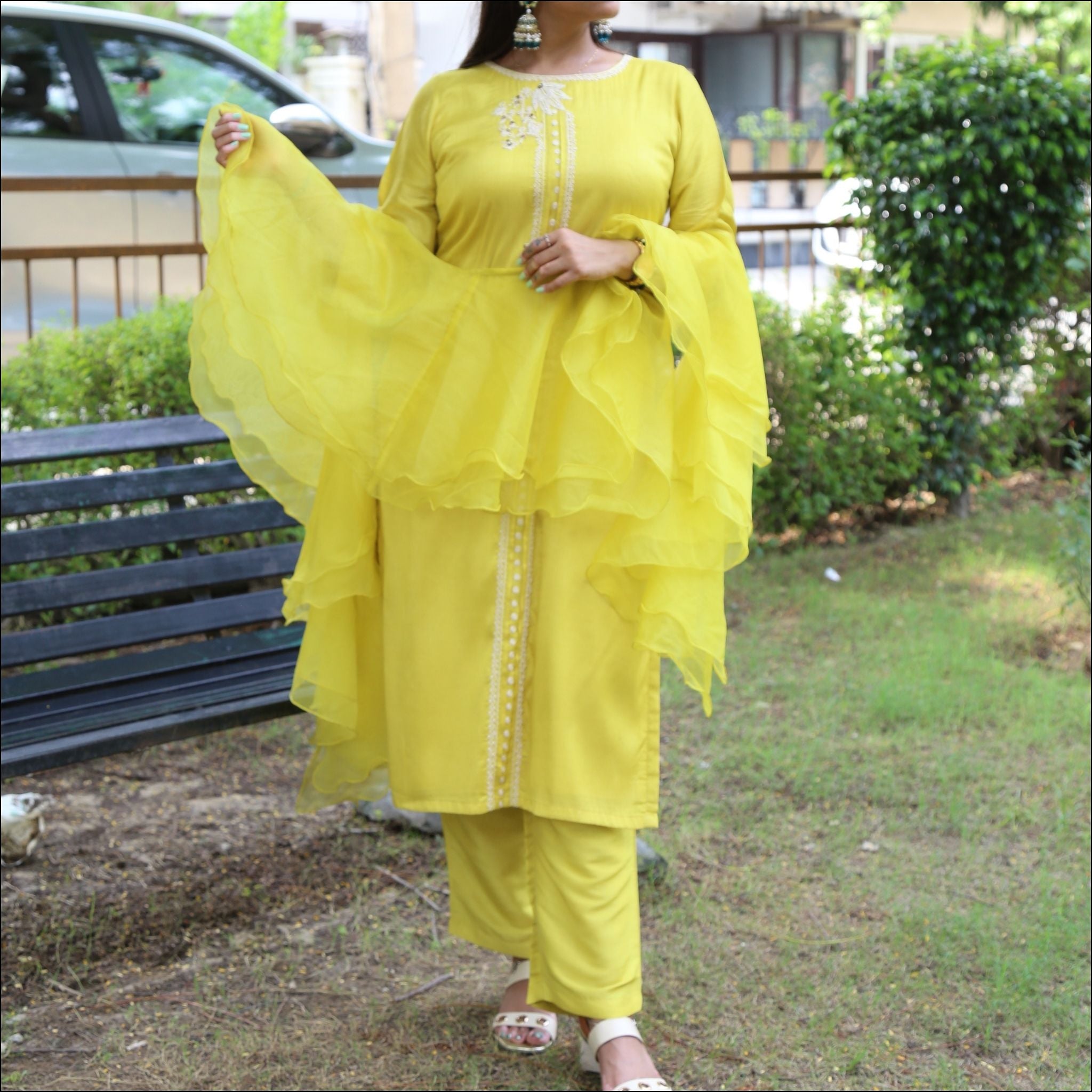 Boat Neck Kurti Pant Set with Dori Embroidery & Ruffled Dupatta