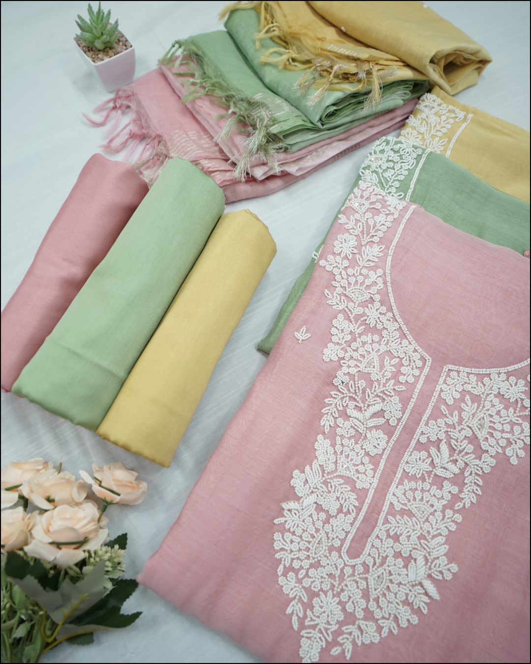 Mul Cotton Unstitched Suit Set with Pearl Handwork