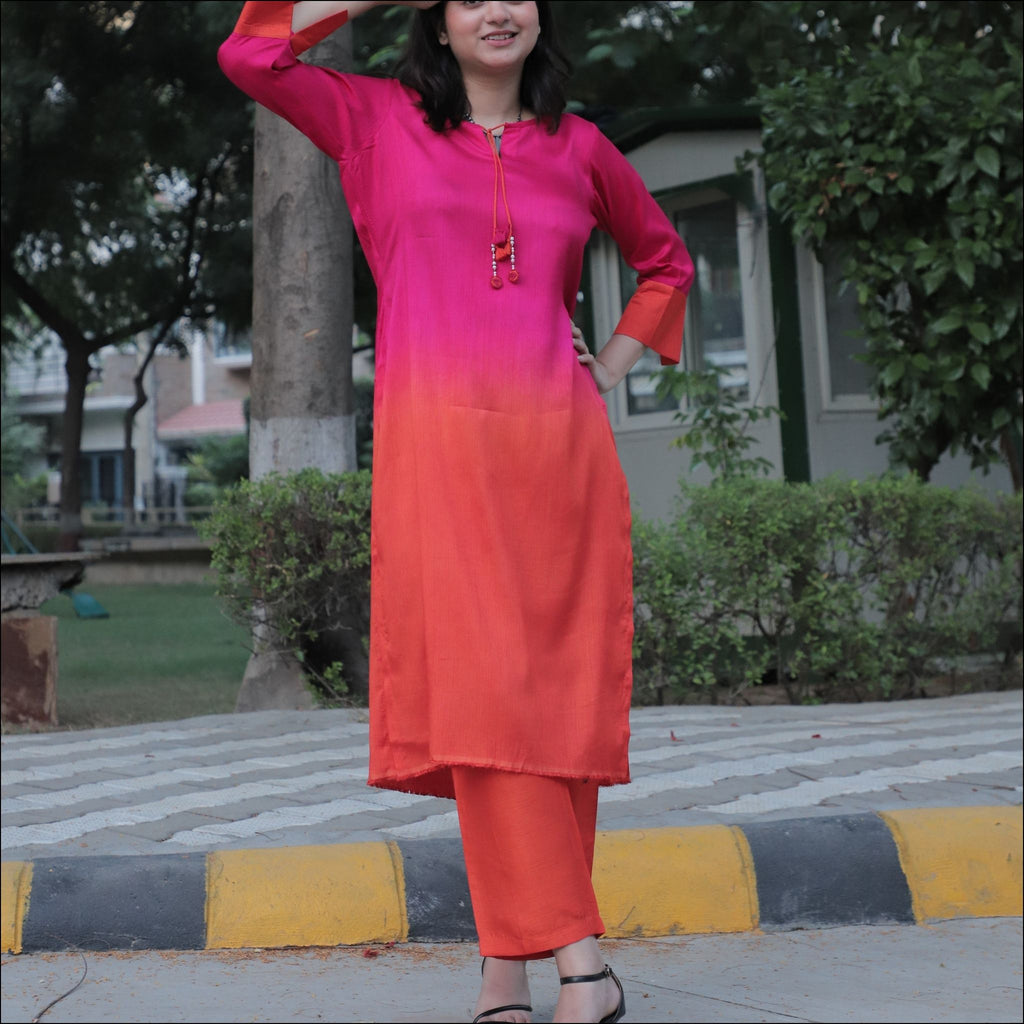 Ombre Dupian Silk Kurti Pant Set with Boat Neck & Tassels