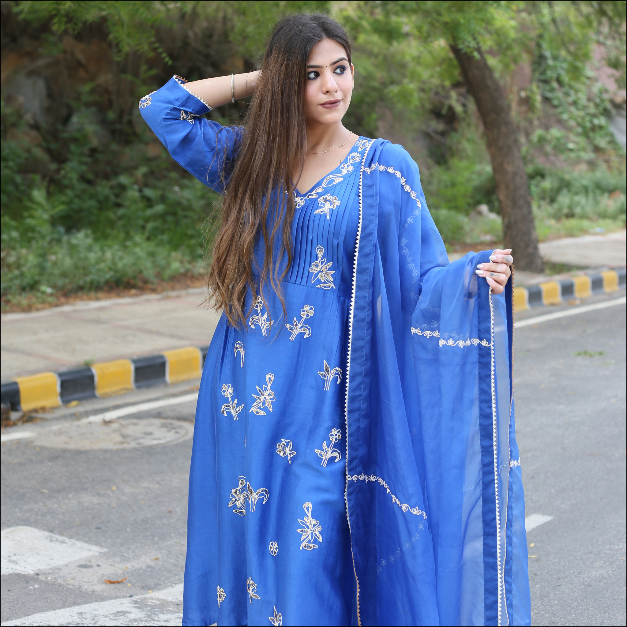 Blue Chanderi Suit with Embroidered Organza Dupatta