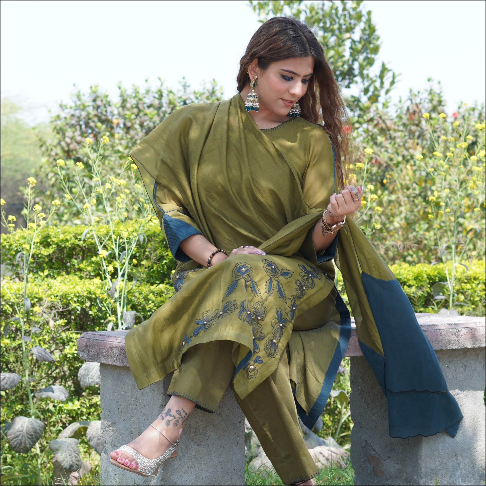 Suit Set with Dori Work & Double-Color Embroidered Dupatta