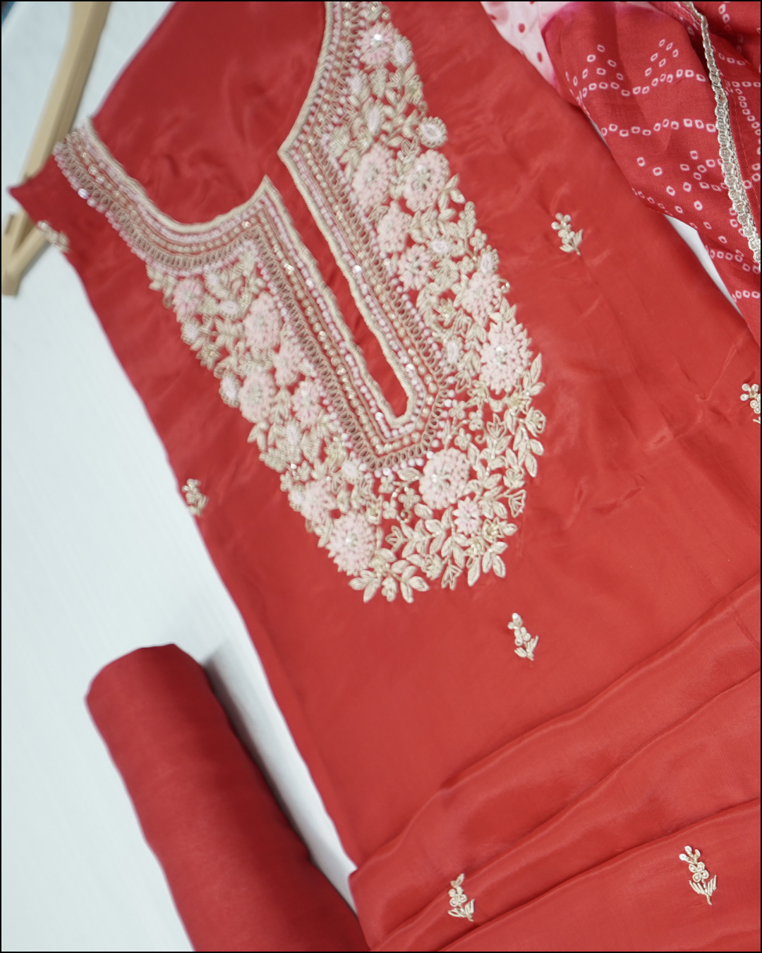 Unstitched Crepe Suit Set with Handwork Yoke & Bandhej Dupatta
