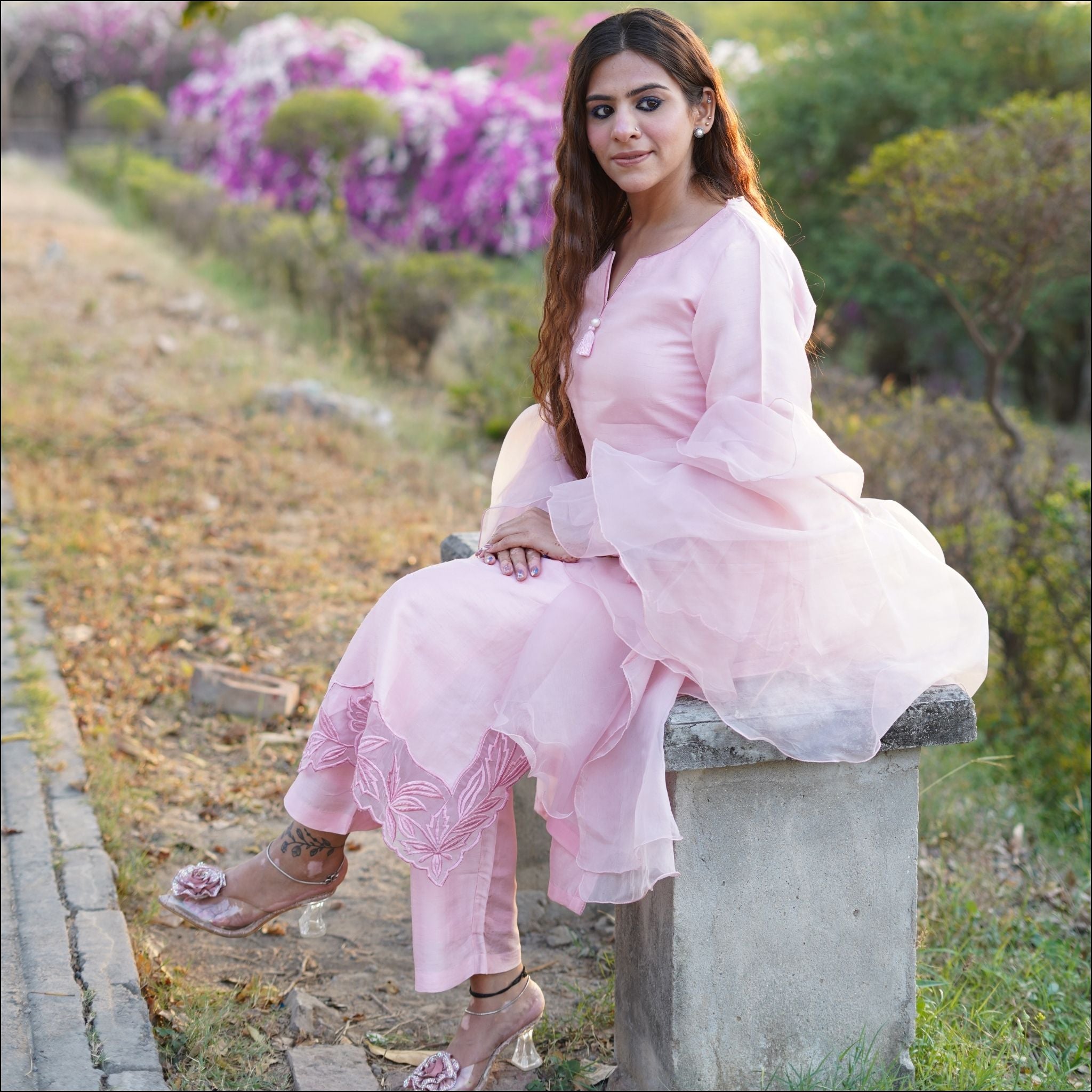 Dupion Silk Kurti Pant Set with Embroidered Organza Sleeves & Ruffled Dupatta