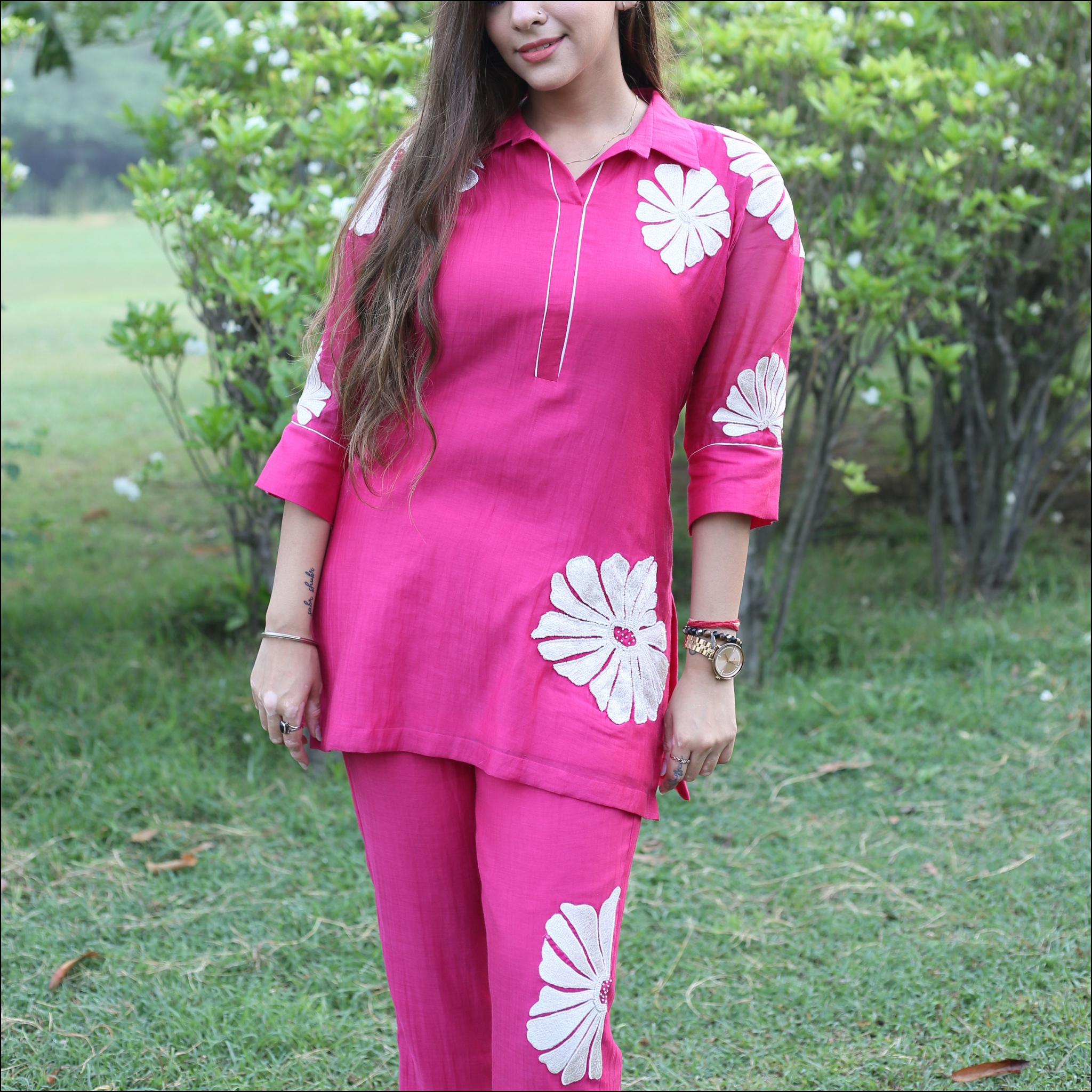 Hot Pink Cotton Co-ord Set Embroidered & Pearl Work