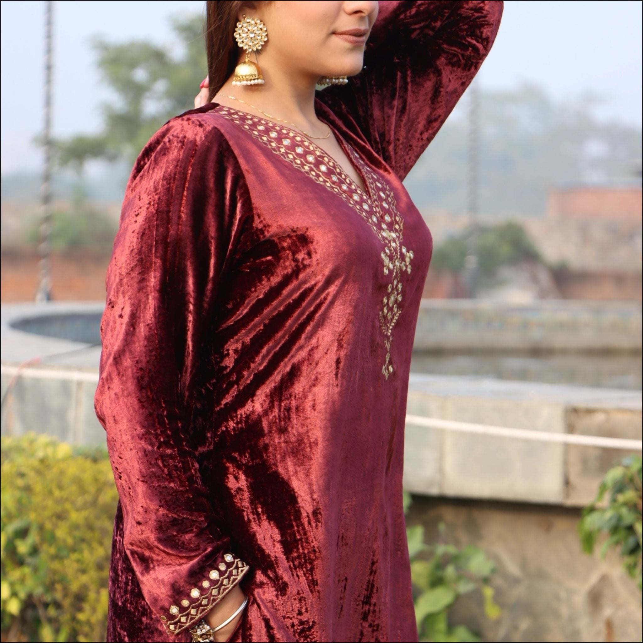 Maroon Velvet Kurti Pant with Embroidered with Mirror Work