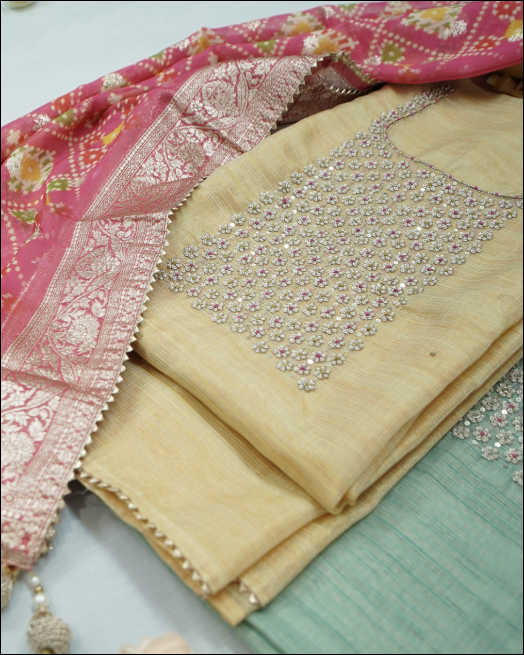 Unstitched Tissue Suit Set with Pearl Work & Patola Dupatta