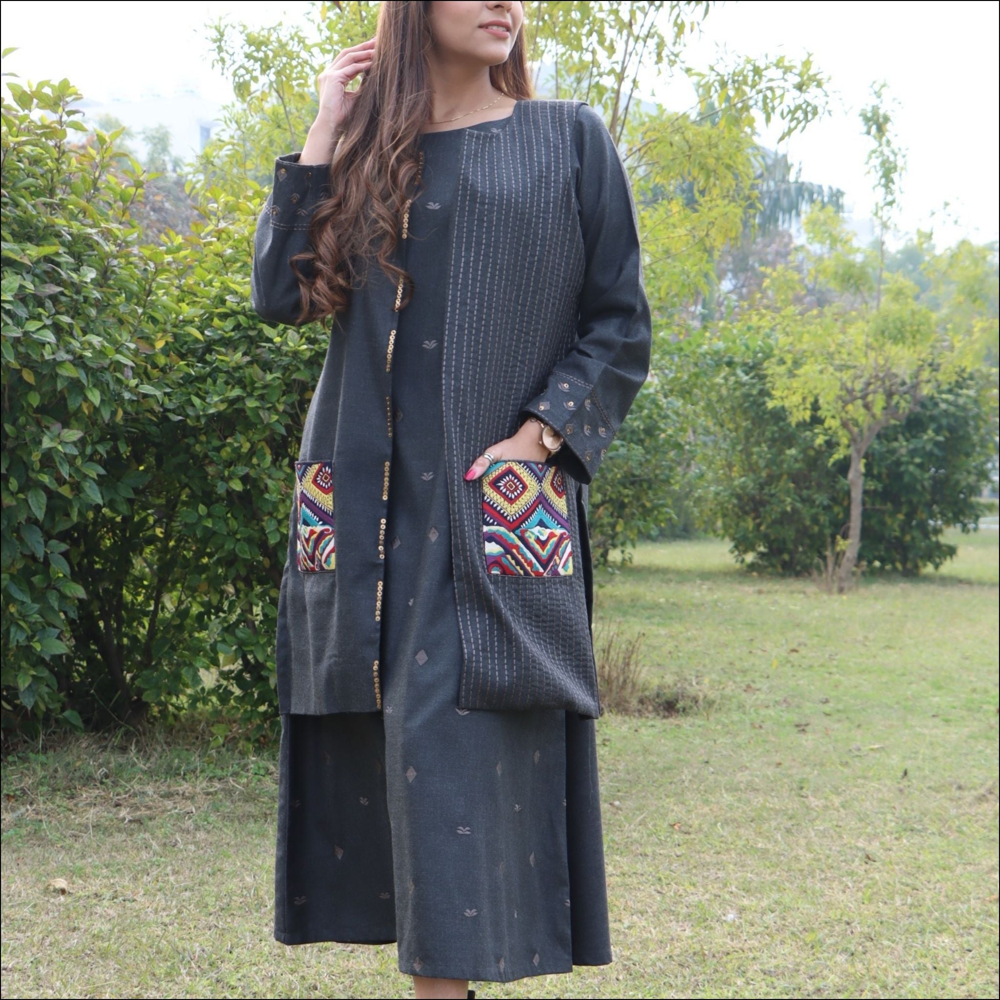 Black Spun Long A-Line Kurti with Embroidered Jacket