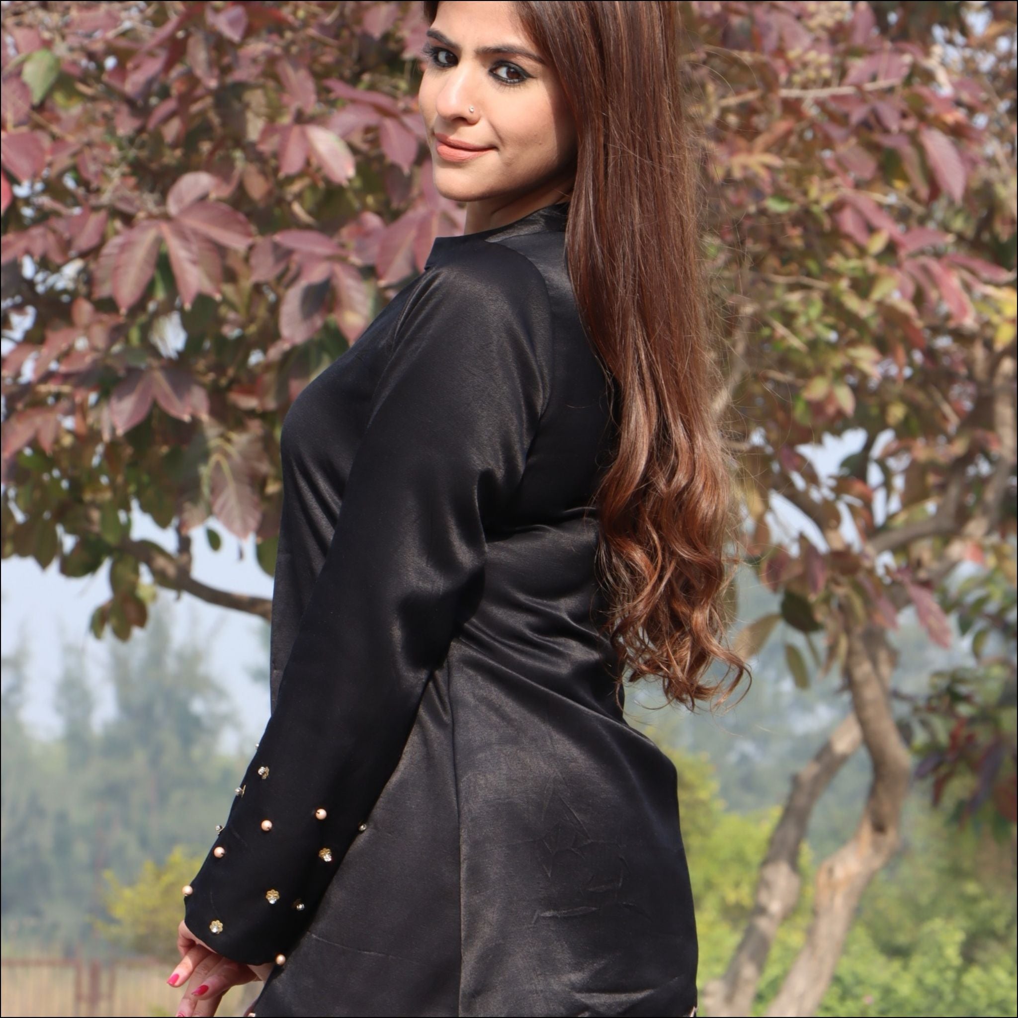 Black Mushroo Winter Co-ord Set with Pearl Embellished Bell Sleeves