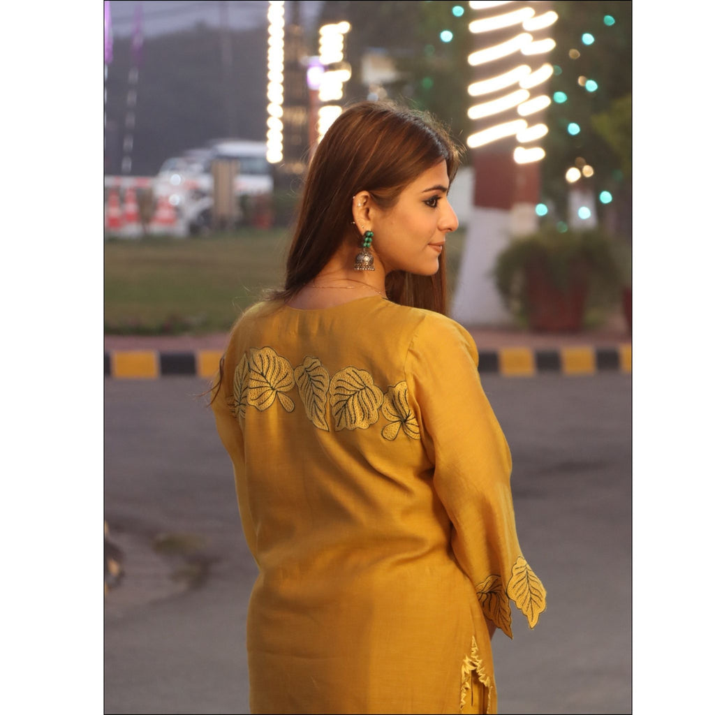 Mustard Yellow Malai Cotton Suit with Leaf Embroidery & Dupatta
