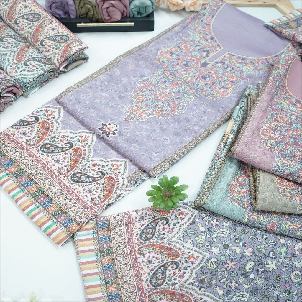 Lavender Purple Dusky Rose Mauve Spun Unstitched Winter Suit Set