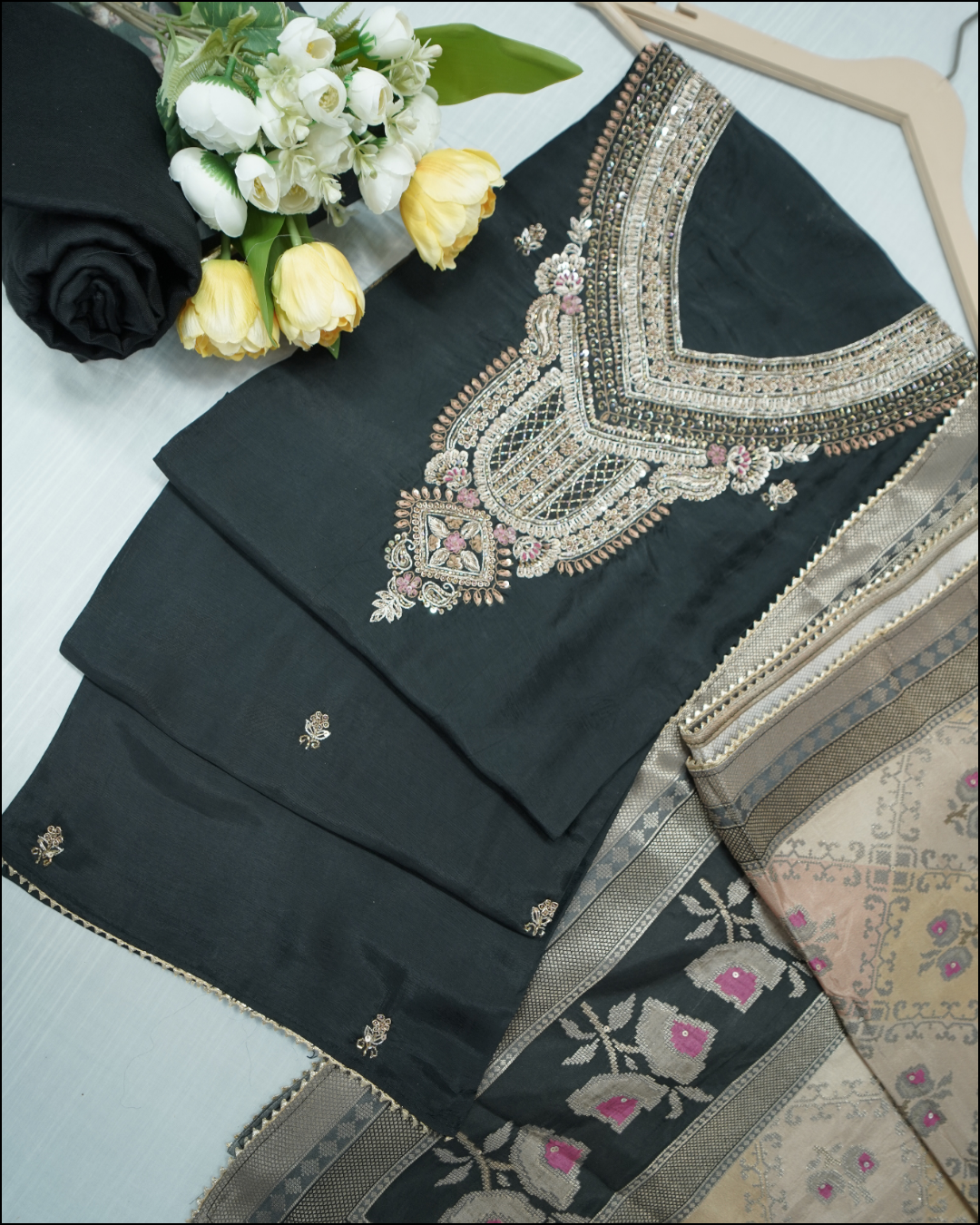 Unstitched Black Crepe Suit Set with Zari Work & Beige Zari Dupatta