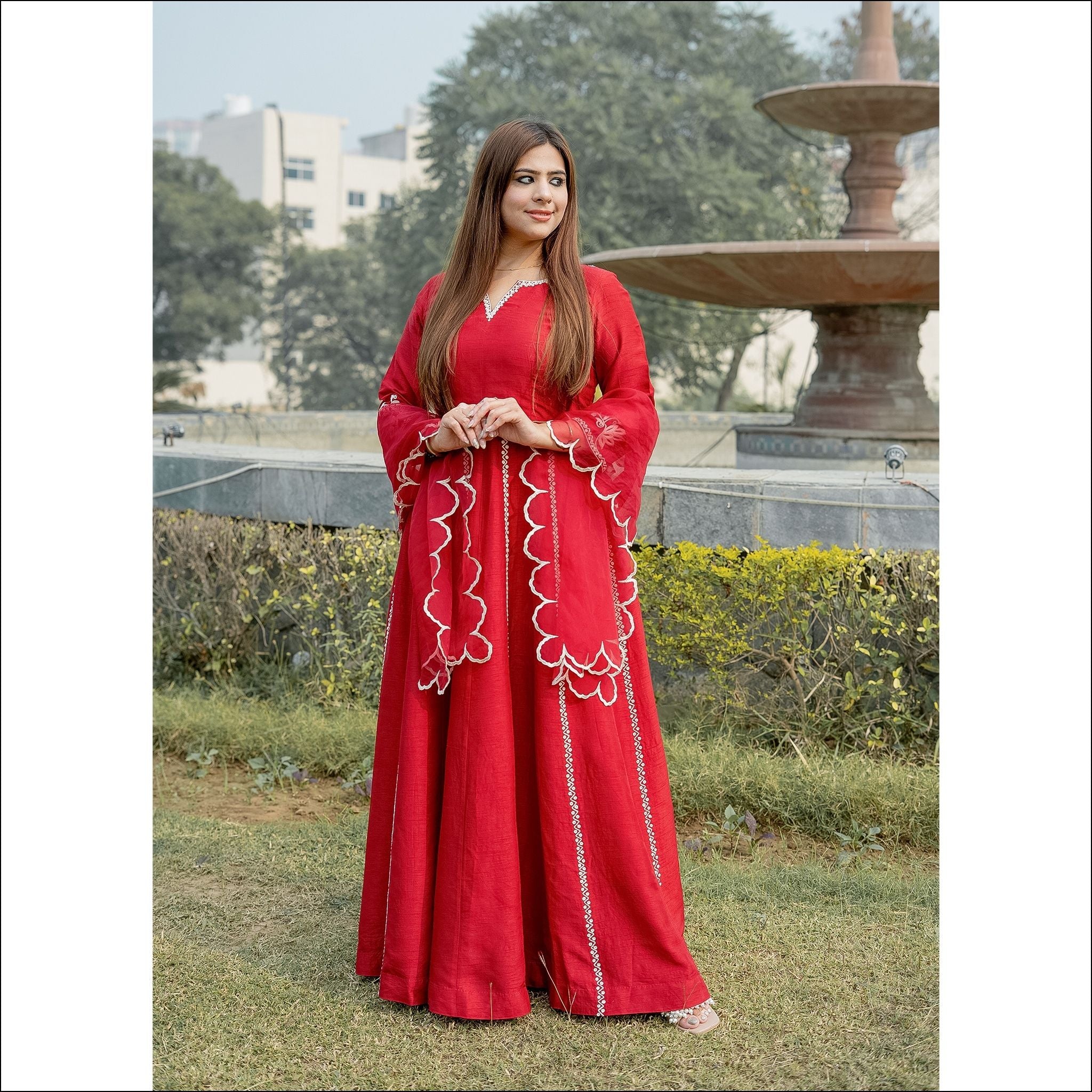 Red Silk Anarkali with Dori Work & Organza Dupatta