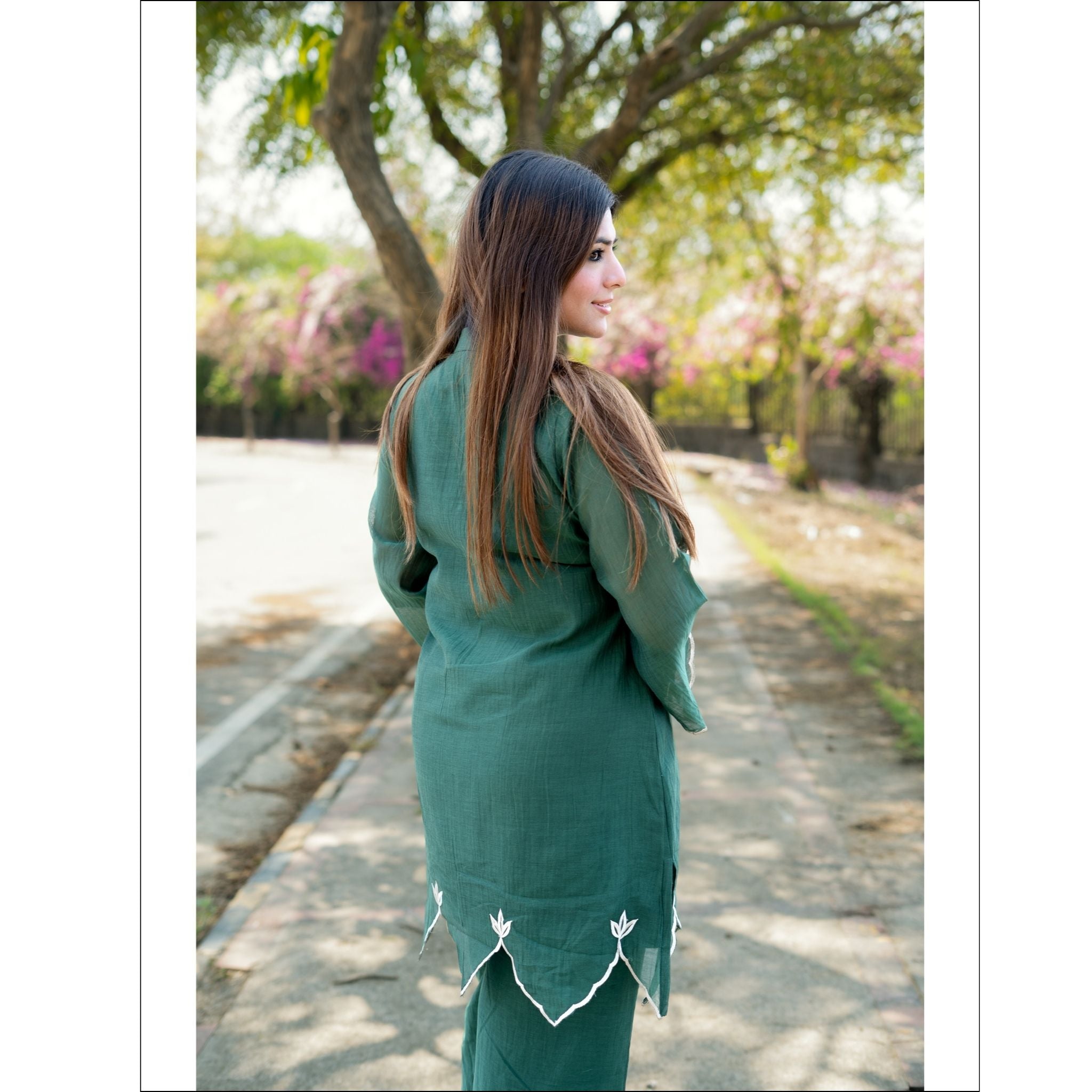 Olive Green Mul Cotton Customized Co-ord Set with Embroidered Leaf Motifs