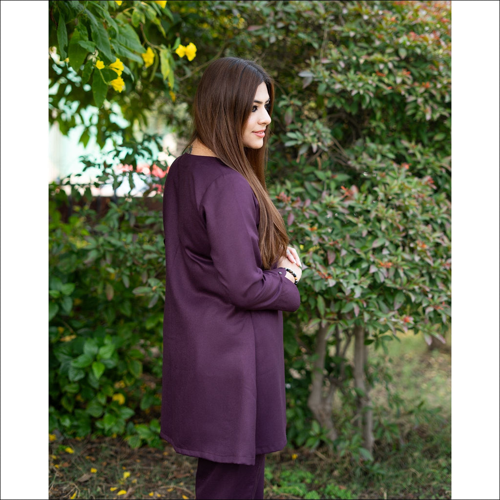 Wine Spun Co-ord Set with Handwork & V-Neck