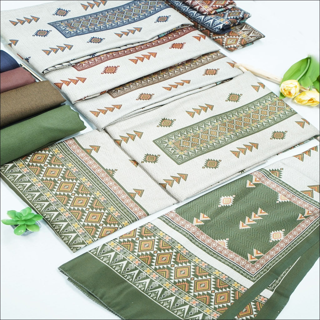 Green Beige Brown Spun Unstitched Winter Suit Set