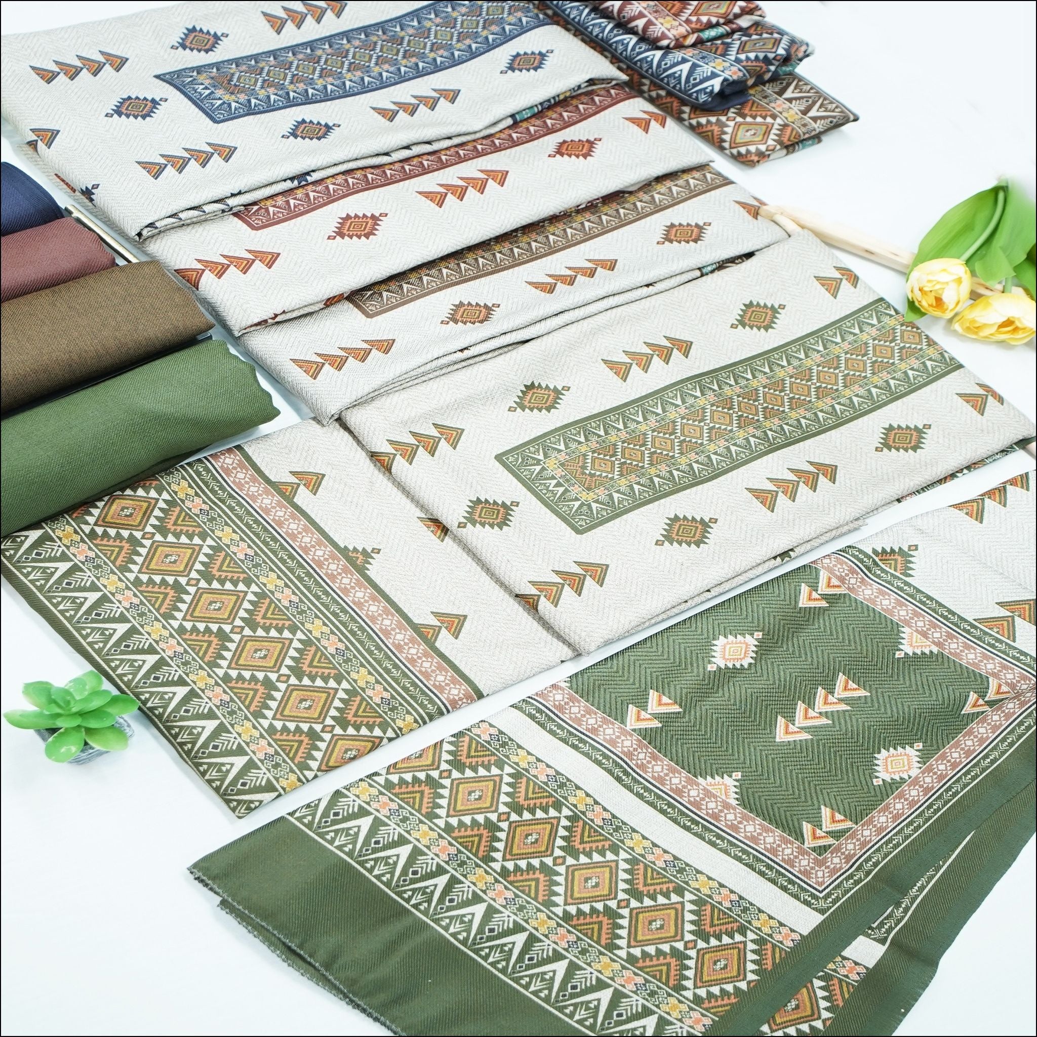 Green Beige Brown Spun Unstitched Winter Suit Set