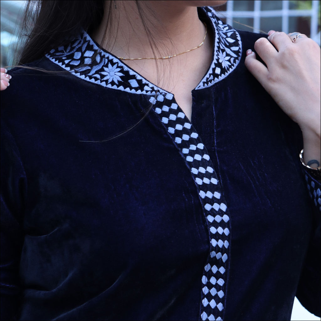 Dark Blue Velvet Kurti Pant Set with Embroidered Chinese Collar