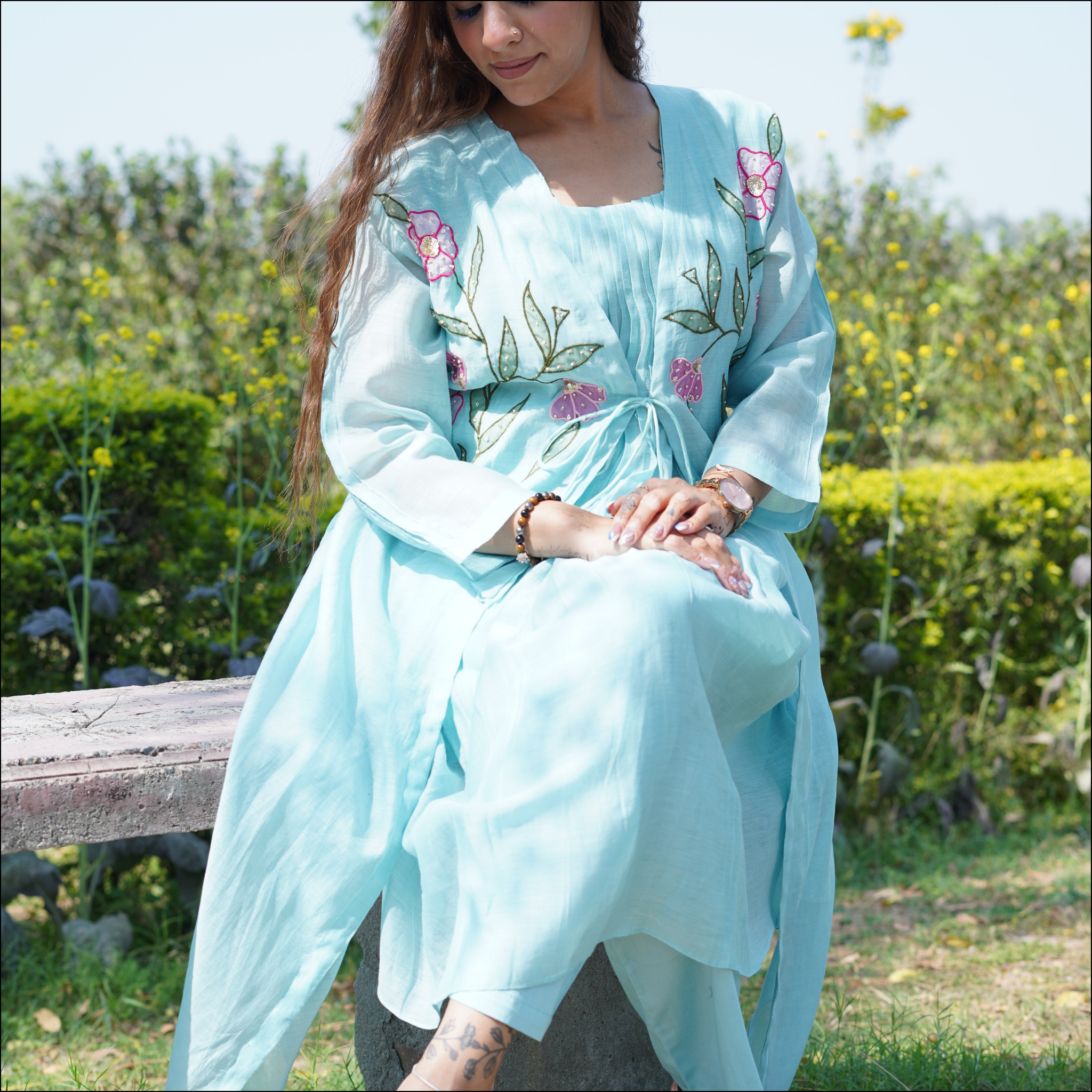 Mul Cotton 3-Piece Set with Applique & Thread Work Shrug