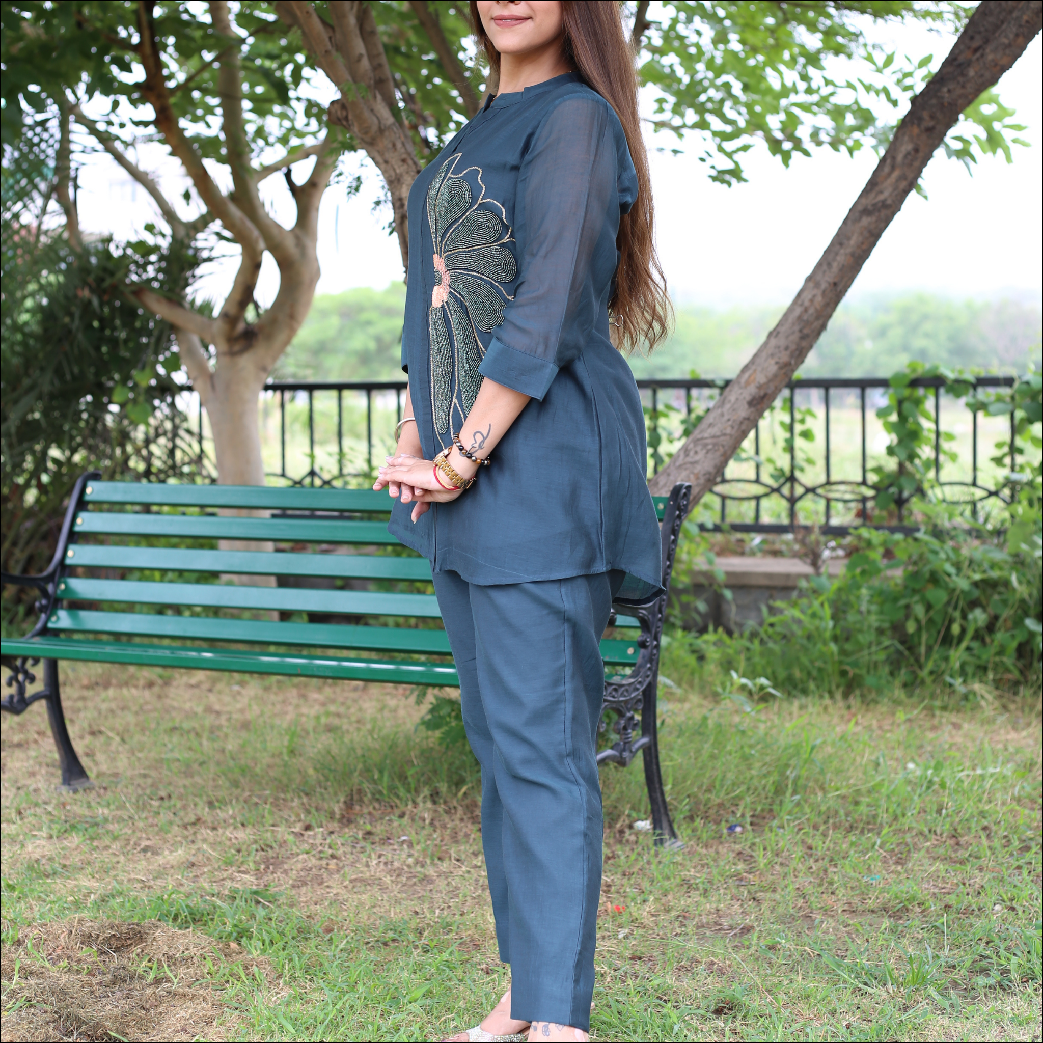 Deep Teal Green Mul Cotton Co-ord Set with Pearl & Hand Embroidery