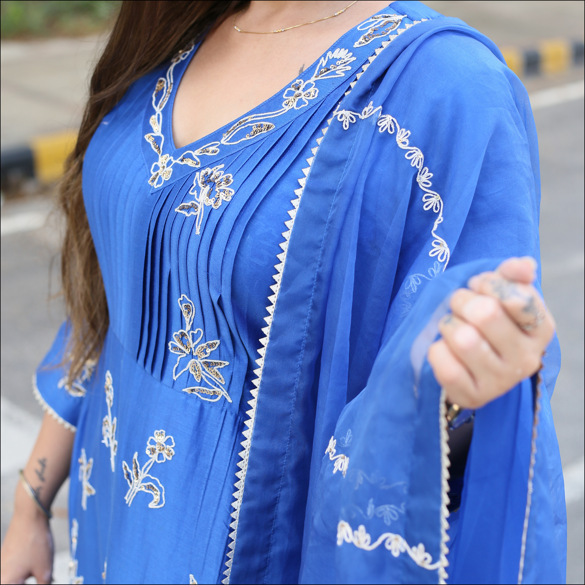 Blue Chanderi Suit with Embroidered Organza Dupatta