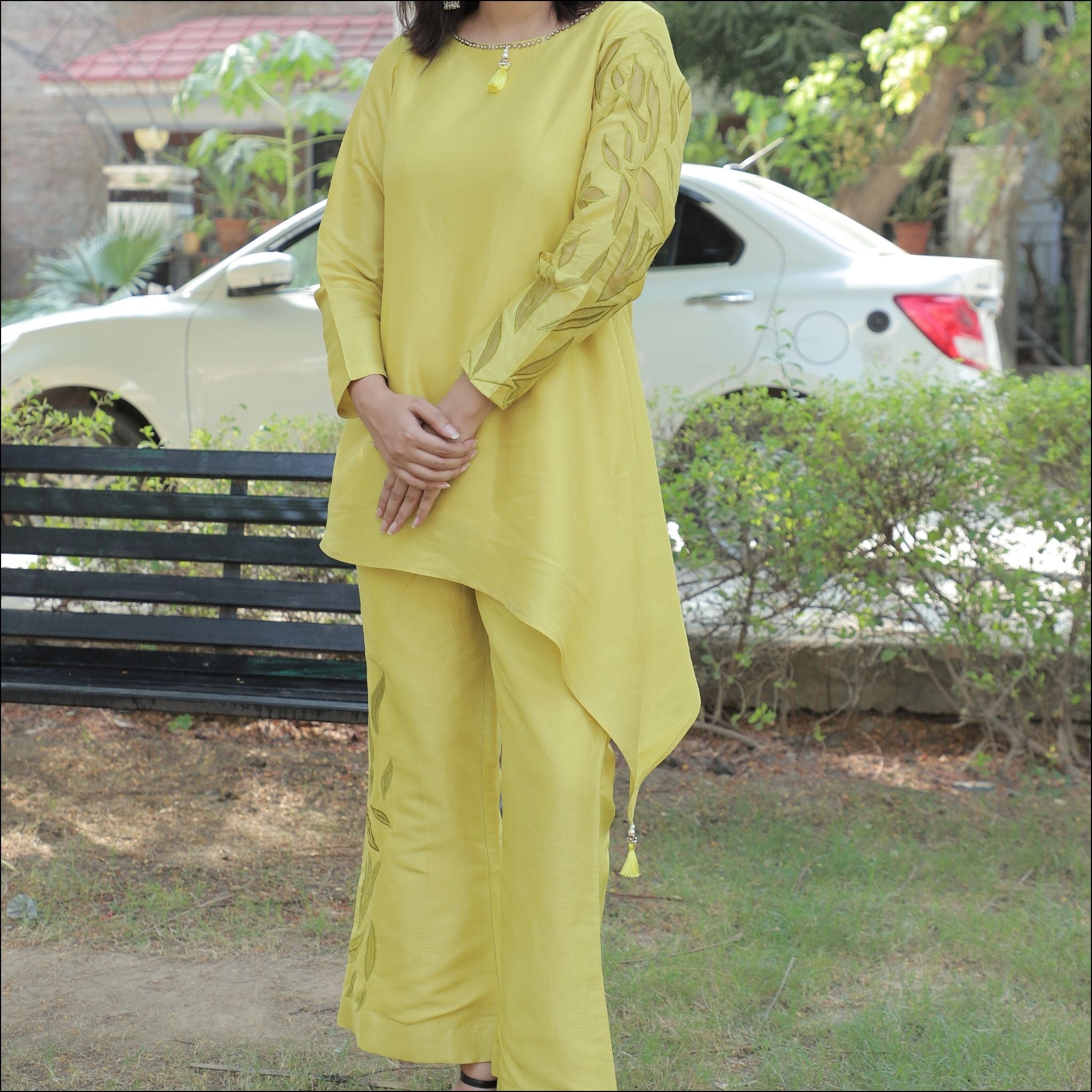 Boat Neck Kurti Set with Sequin & Pearl Work and Organza Detailing