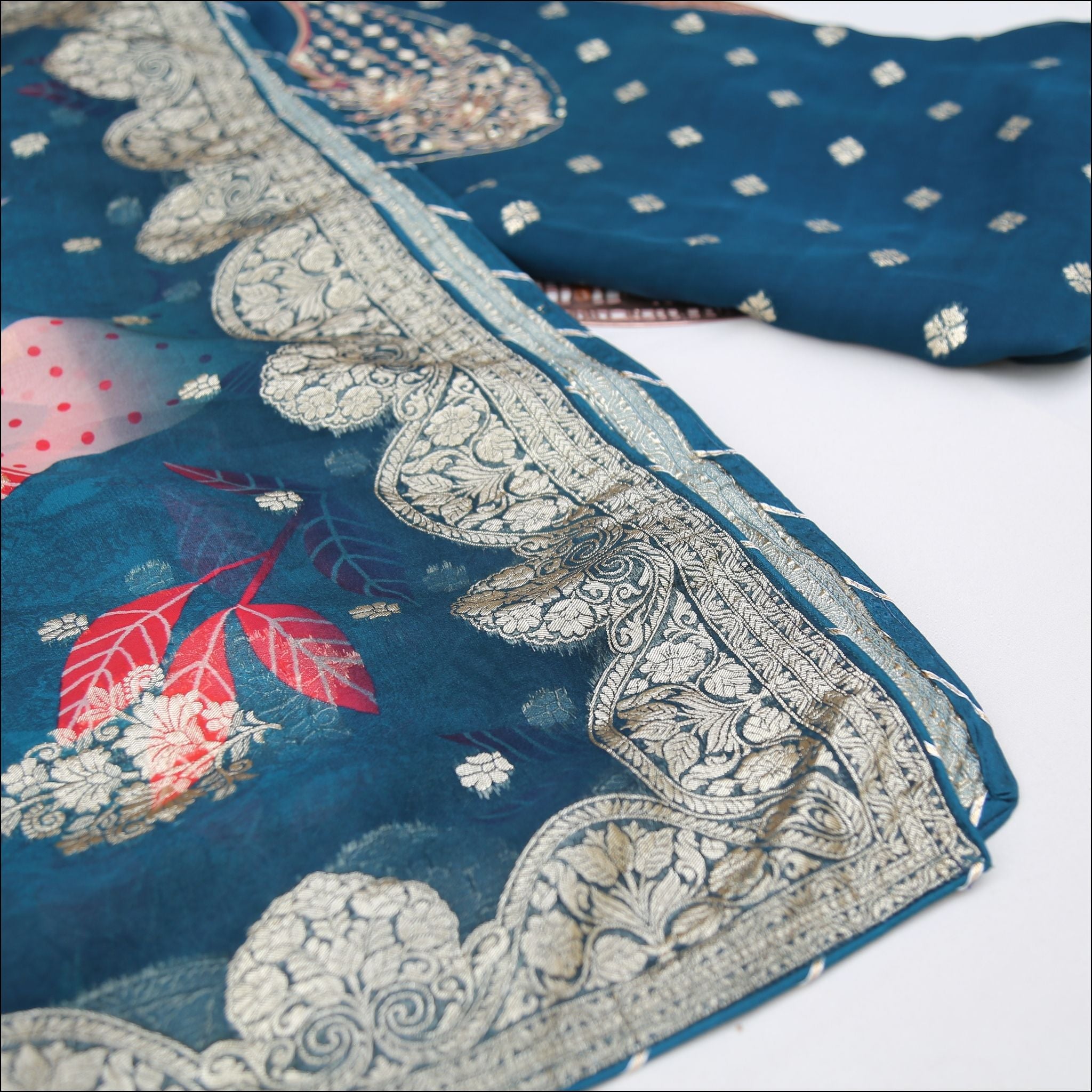 Zari Work Boota Kurti Unstitched Suit Set with Printed Dupatta